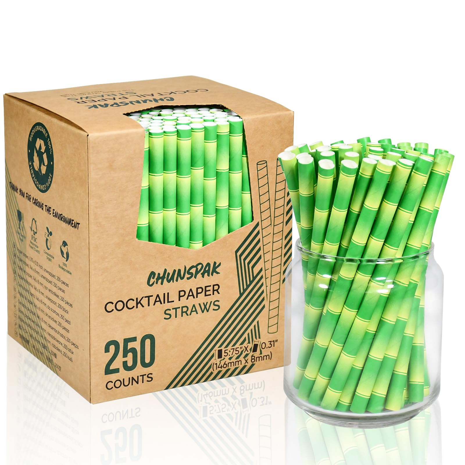 Chunspak 5.75 x 0.31 Green Bamboo Disposable Paper Drinking Straws for Short Drinks, Blended Cocktails, Margaritas, Smoothies, M