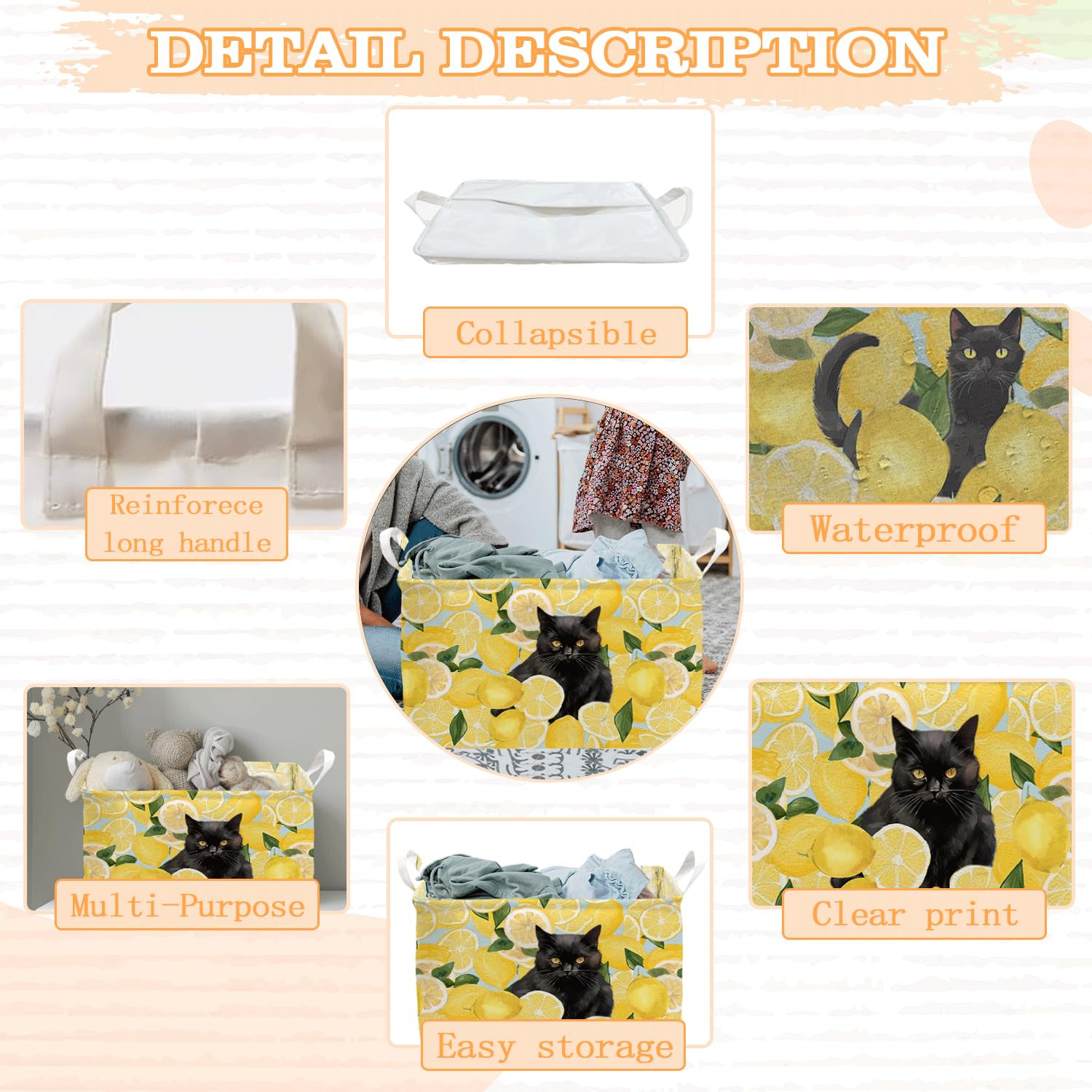 Black Cat Yellow Lemon Laundry Storage Basket, Waterproof Collapsible Hamper With Handles, Dirty Clothes Tote For Laundry Bathro