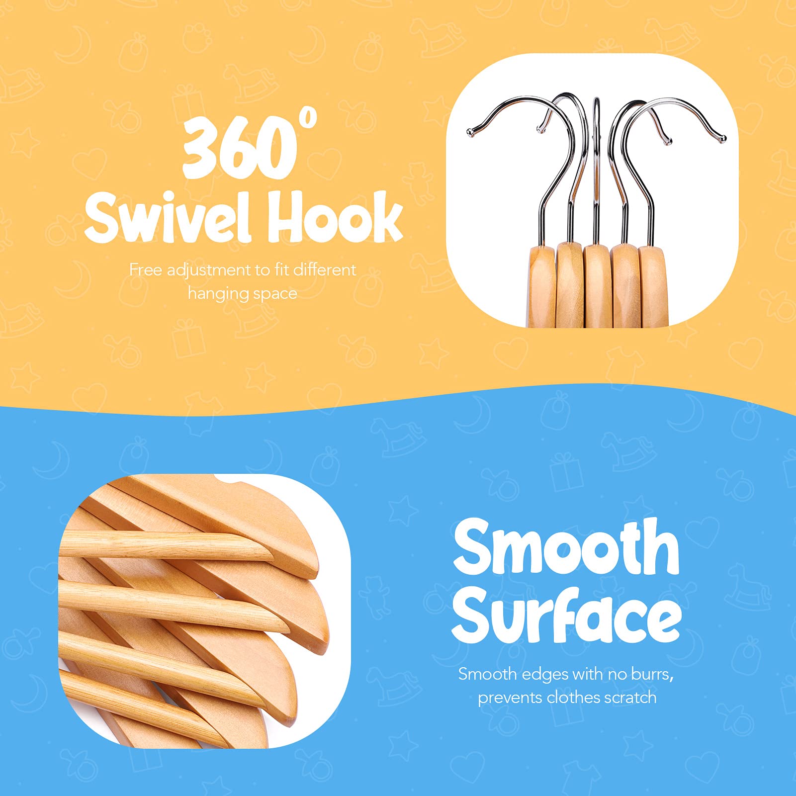 Cozymood Childrens Wooden Hangers Kids Hangers, 20 Pack Baby Hangers Nursery Wood Hangers, 360 Swivel Hook Non Slip Coat Hanger