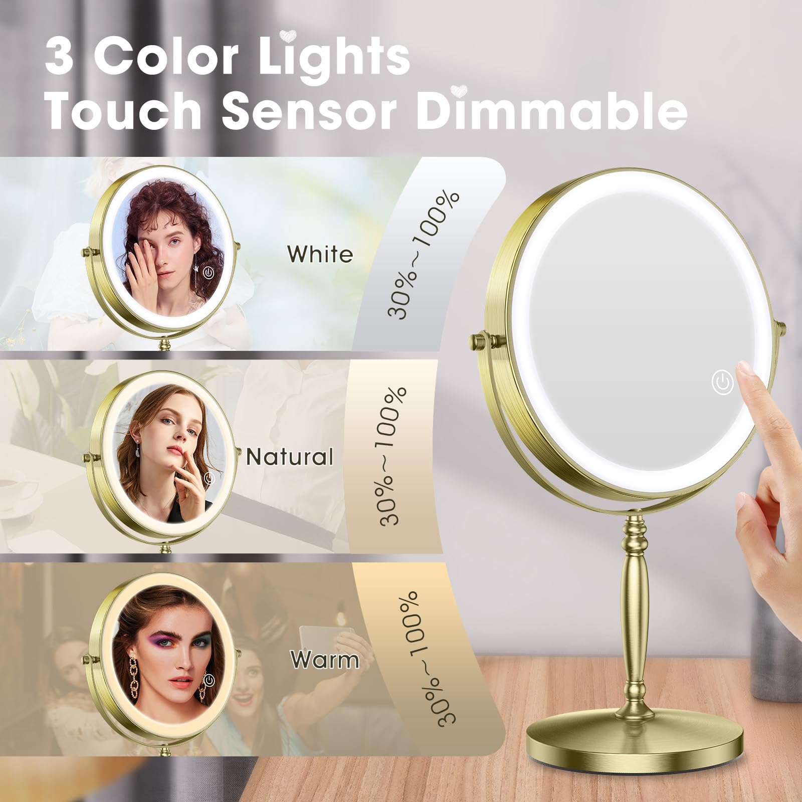 Matekxy 8'' Lighted Makeup Mirror, 1X/10X Magnifying Rechargeble Standing Double Sided Vanity Mirrors With 360Rotation, 3 Colors