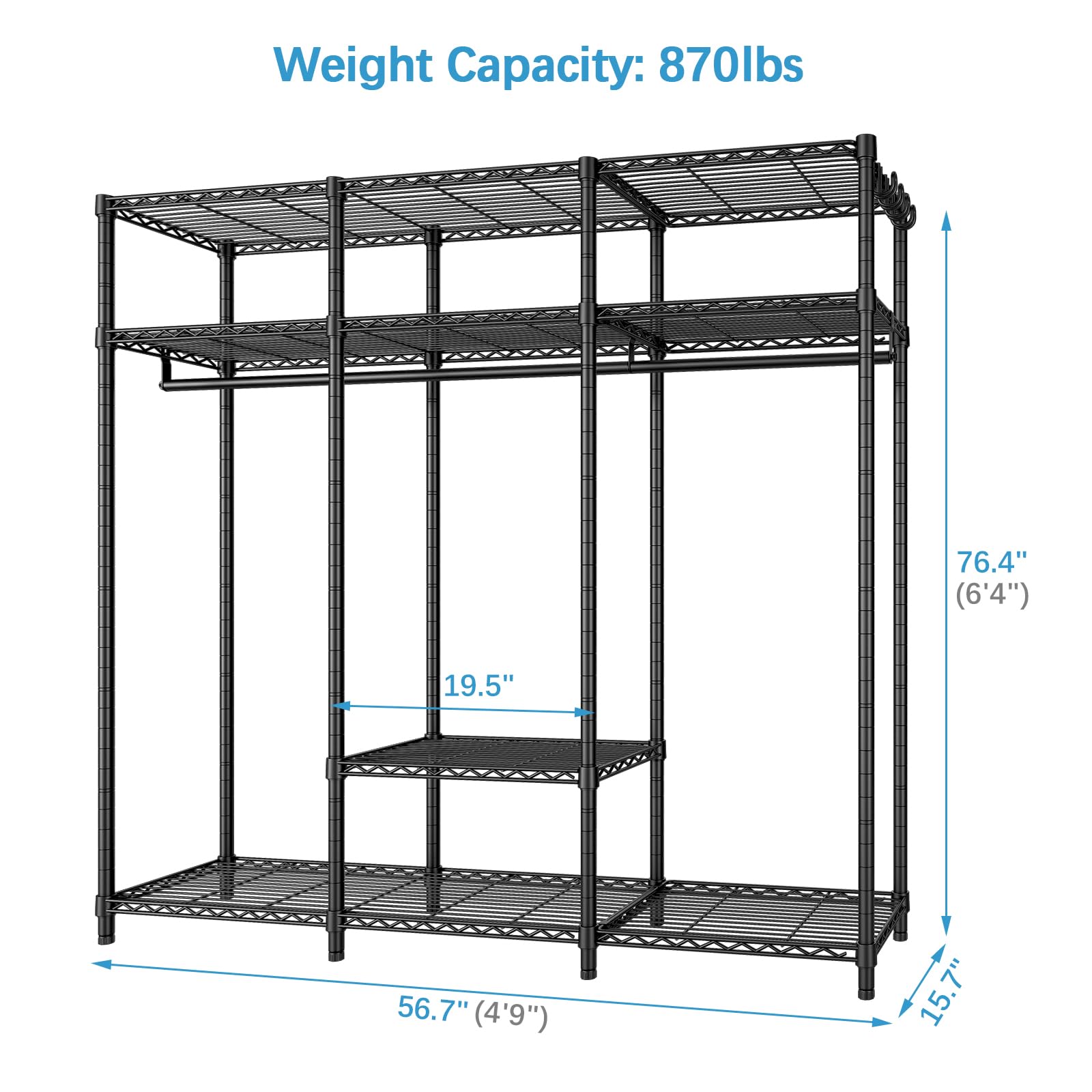 Vipek V30 Garment Rack, Heavy Duty Clothes Rack With 7 Adjustable Shelves & 2 Hang Rods, Portable Closet System, Metal Closet Ra
