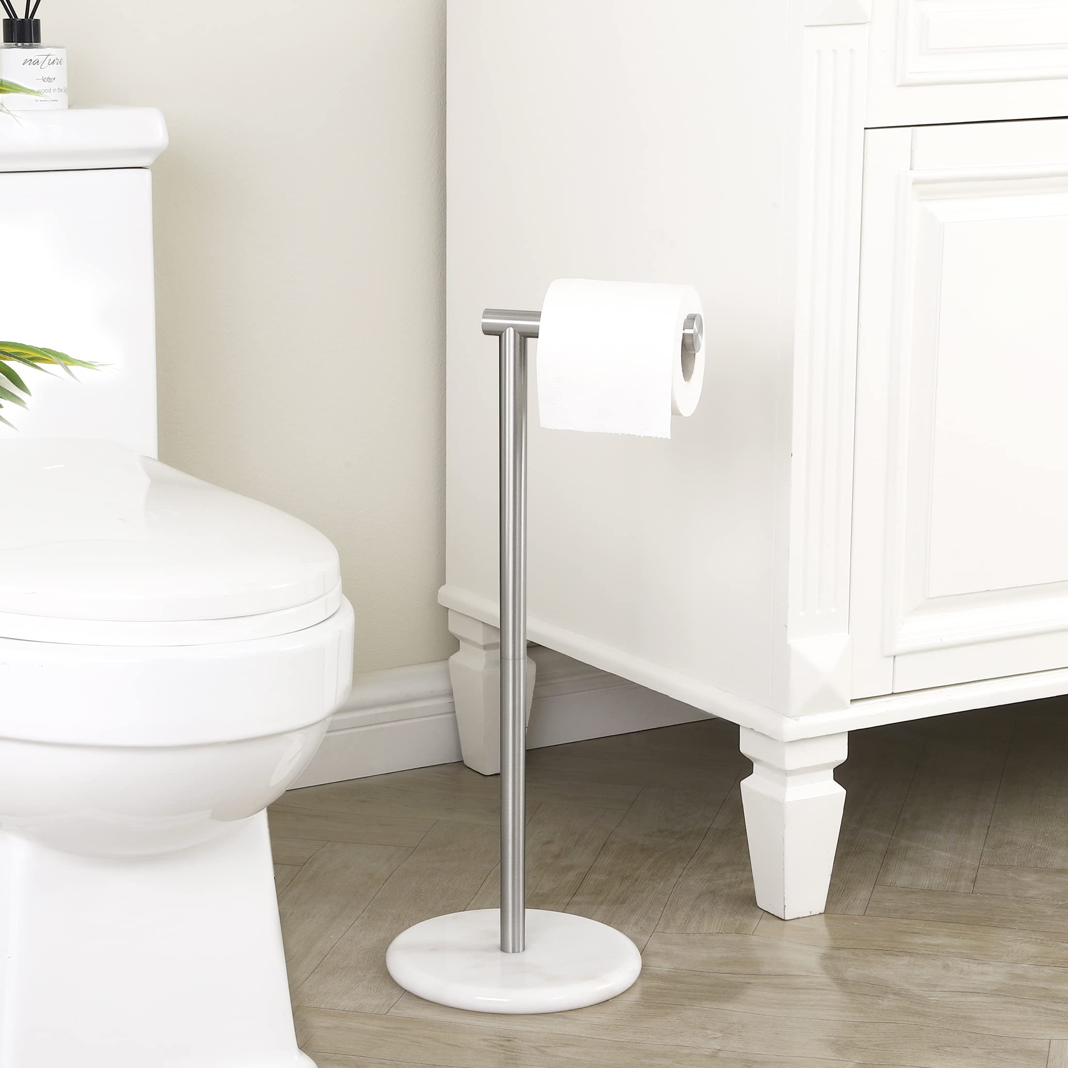 KES Toilet Paper Holder Stand  Freestanding Toilet Paper Roll Holder with Modern Natural Marble Base  White Freestanding Toilet Tissue Holder SUS304 Stainless Steel Brushed Finish BPH284S1-2