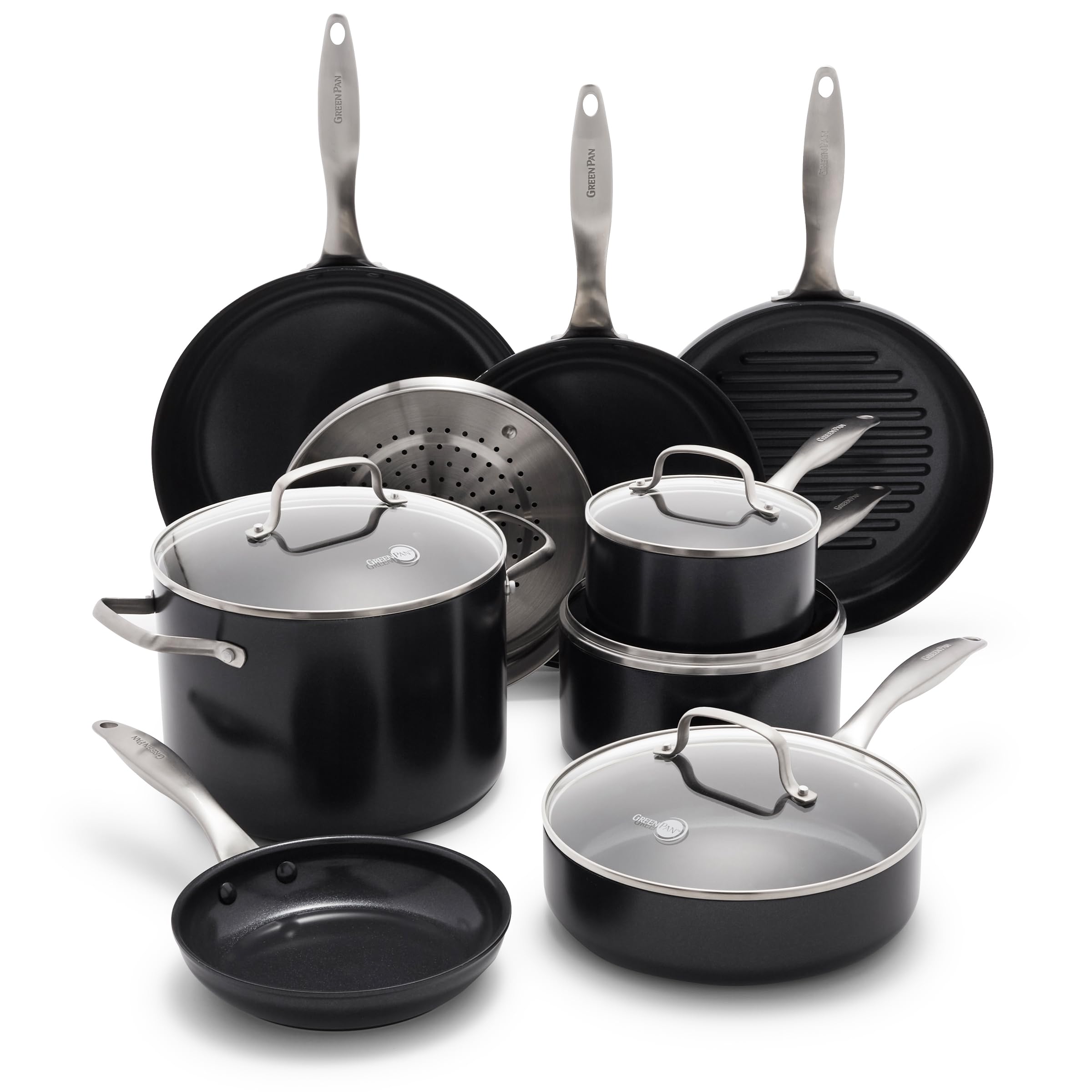 GP Black Pro Infinite8 Ceramic Nonstick 13 Piece Set, Hard Anodized, Stainless Steel Handle, Saute and Saucepans, PFASFree