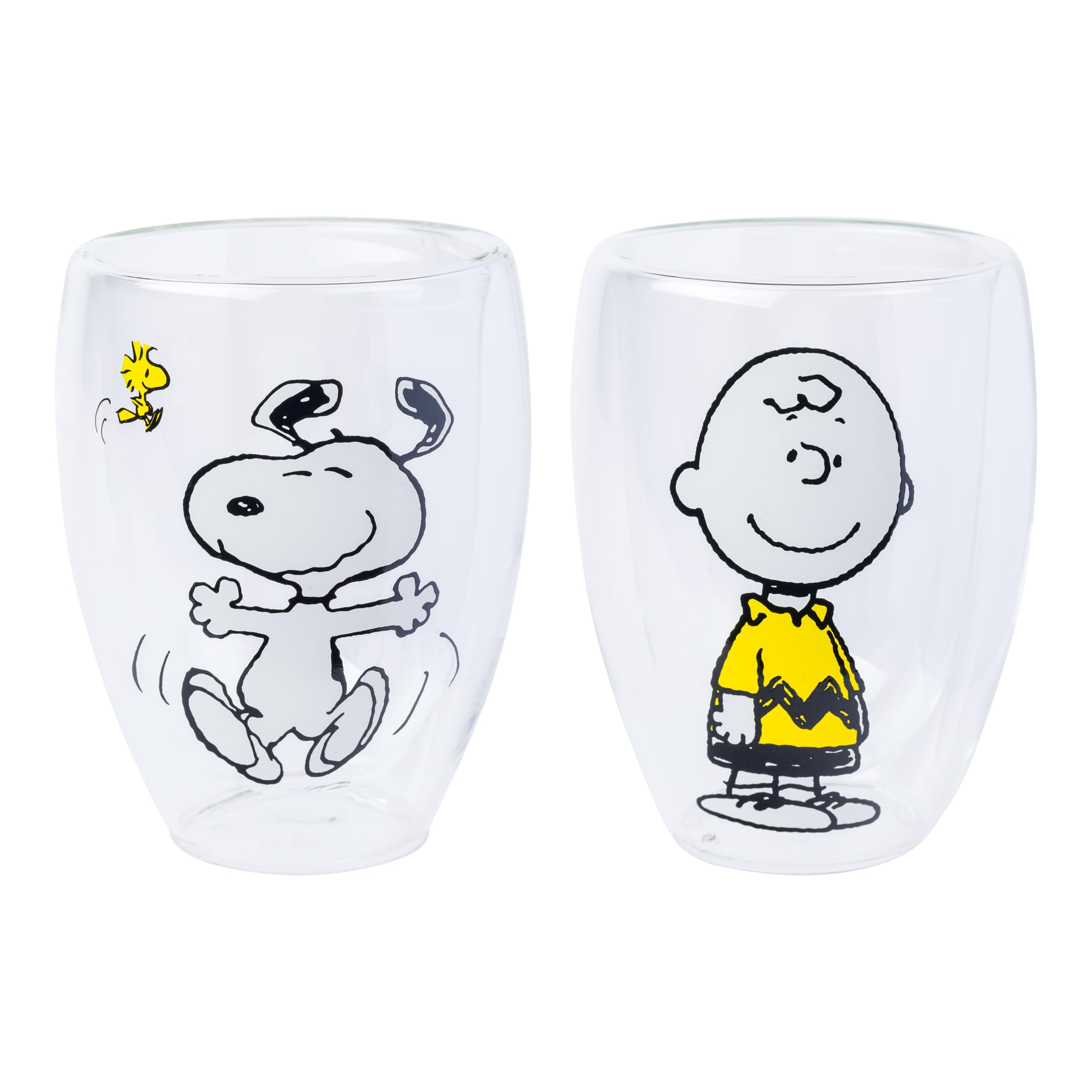 Silver Buffalo Peanuts 2 Piece Double Walled Glass Set Featuring Snoopy, Woodstock, and Charlie Brown, 12.5 Ounces