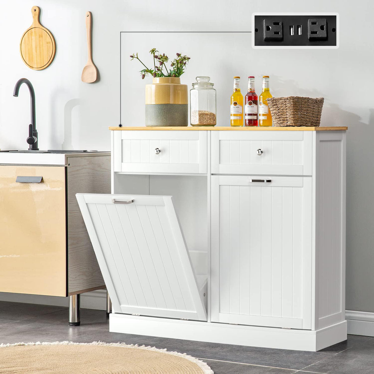 Gazhome Double Tilt Out Trash Cabinet With Charging Station, Upgrade Wooden Free Standing Trash Cabinet With Outlet,Recycling Ca