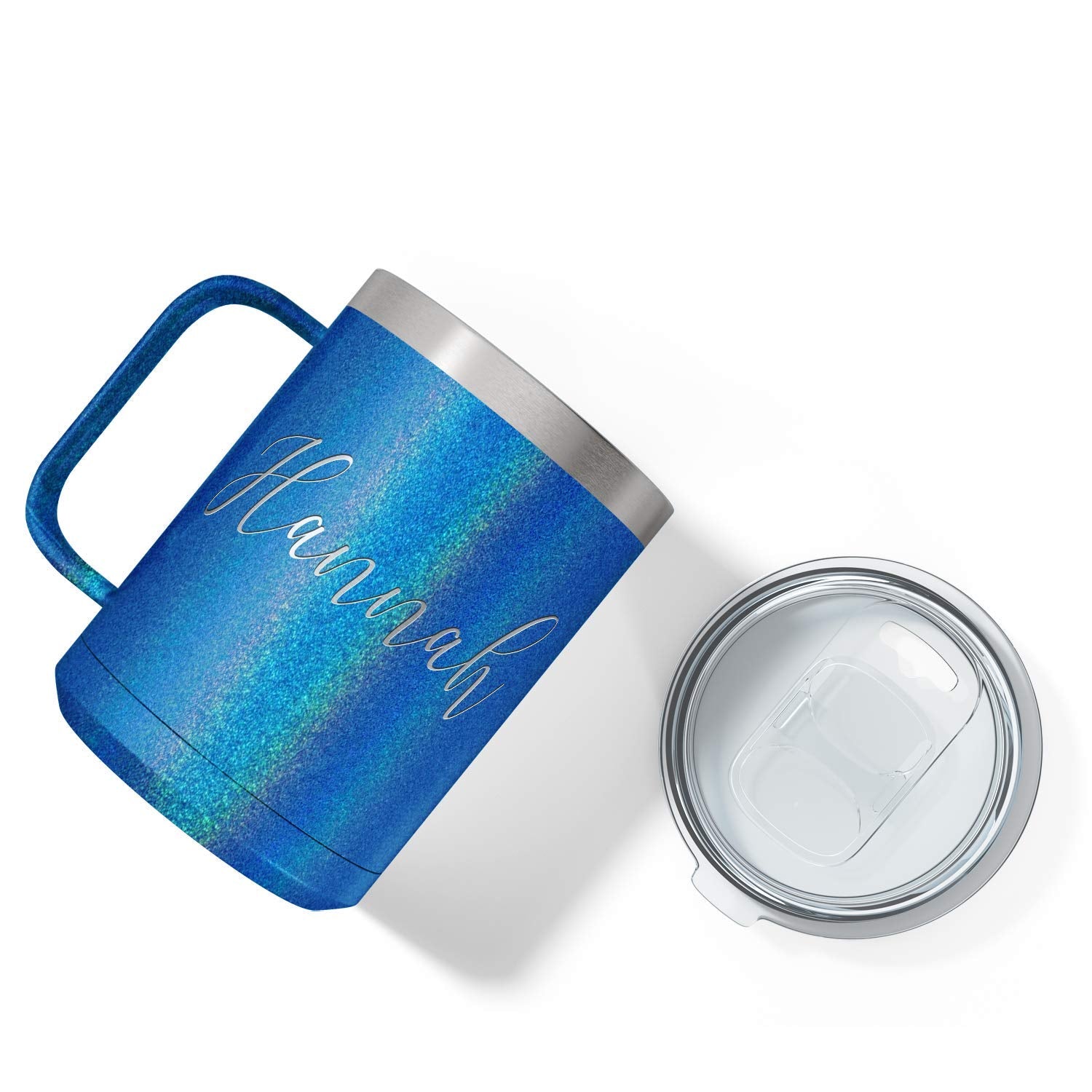 Personalized Coffee Mug Blue Glitter 15 Oz With Lid And Handle Custom Engraved Gift Stainless Steel Vacuum Insulated Cup