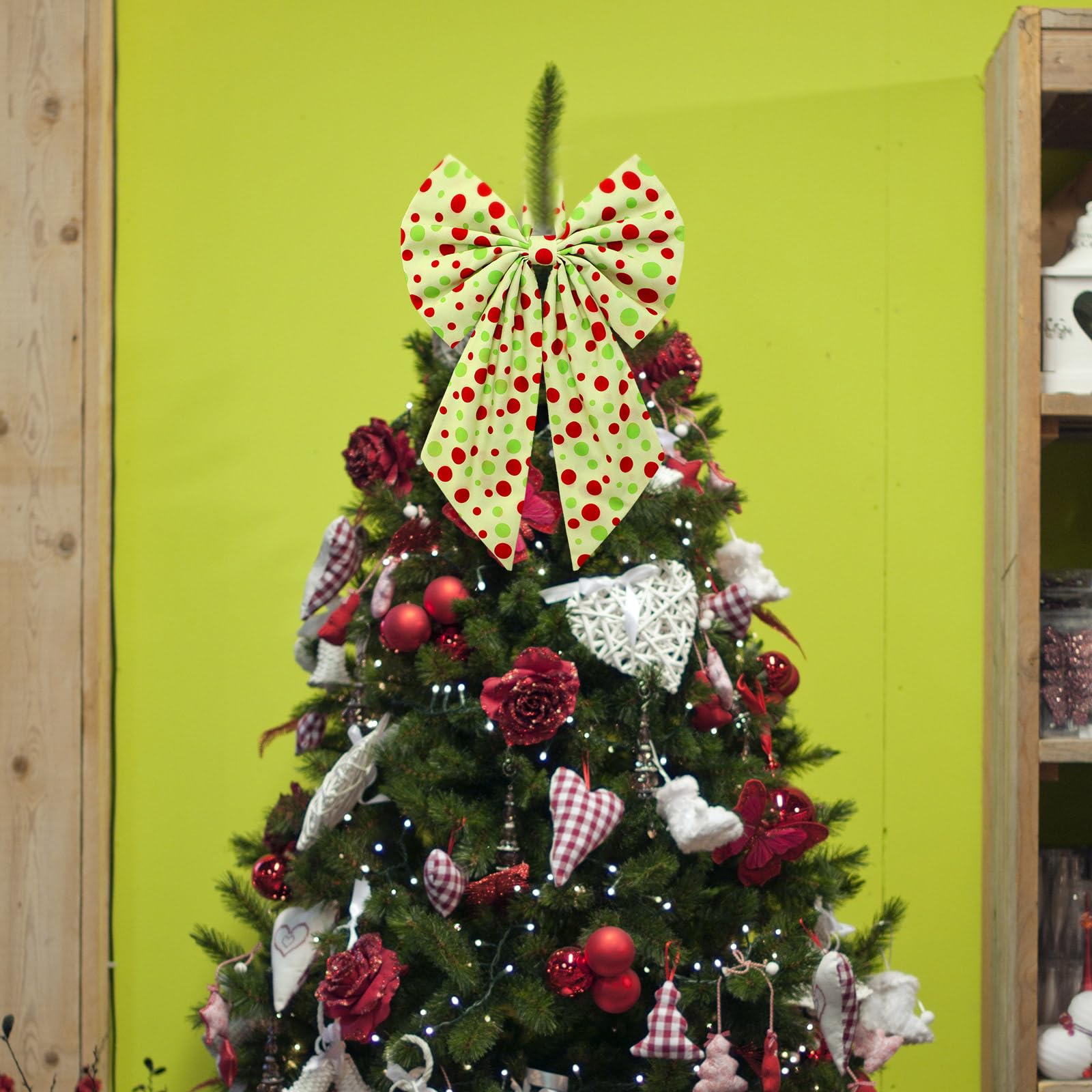 Suncalla 2 Pcs Red Green Dots Christmas Wreath Bow Front Door Hanger 19.6'' x 11.8'' Cute Christmas Tree Dot Bow Wreath Accessor