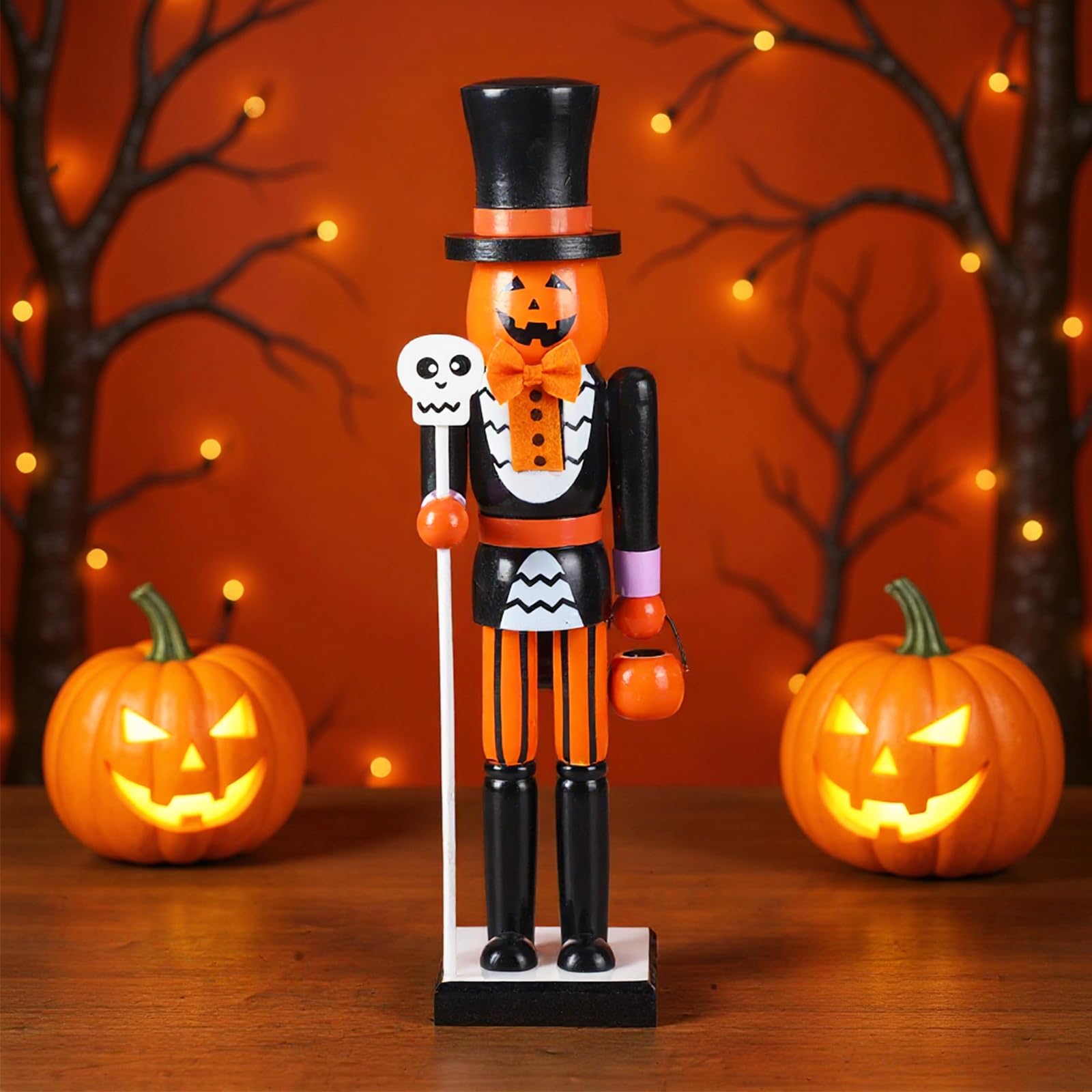 Blosssound Halloween Pumpkin Nutcracker Decorations Wooden Nutcracker Soldier Figurine Skull Design Ornament for Table Desktop H