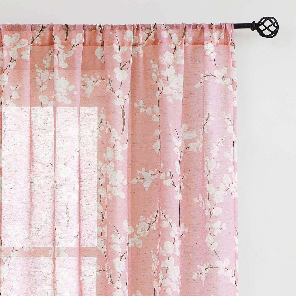 Bfam Flax Linen Blend Sheer Curtain Panels - Floral Print Semi Sheer Curtains For Living Room Vintage White Floral Print Window 