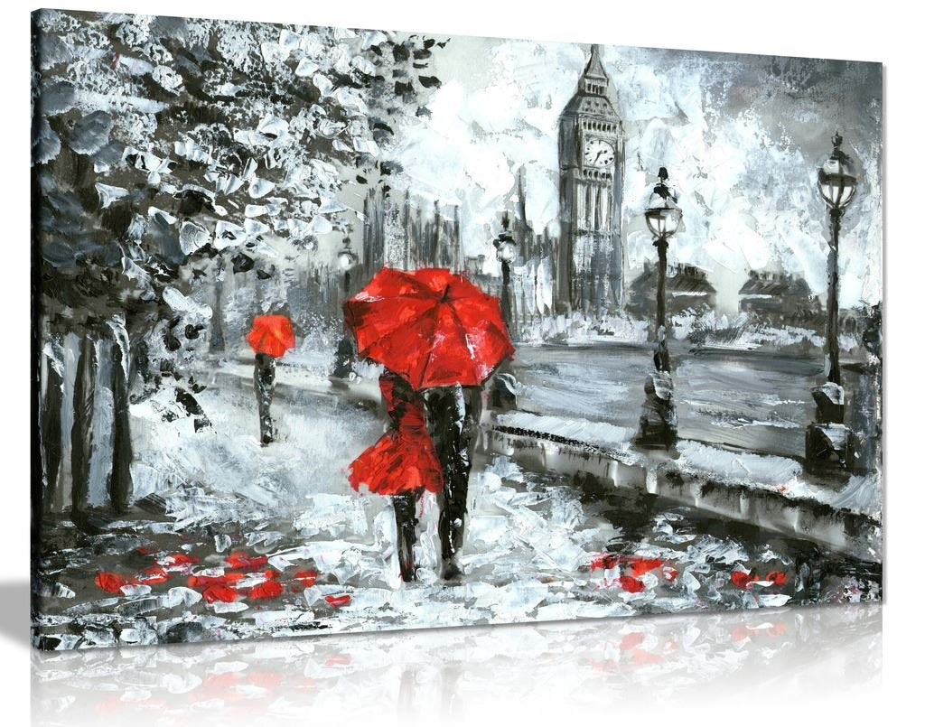 Oil Painting Street View London Black White & Red Big Ben Canvas Wall Art Print (36X24In)