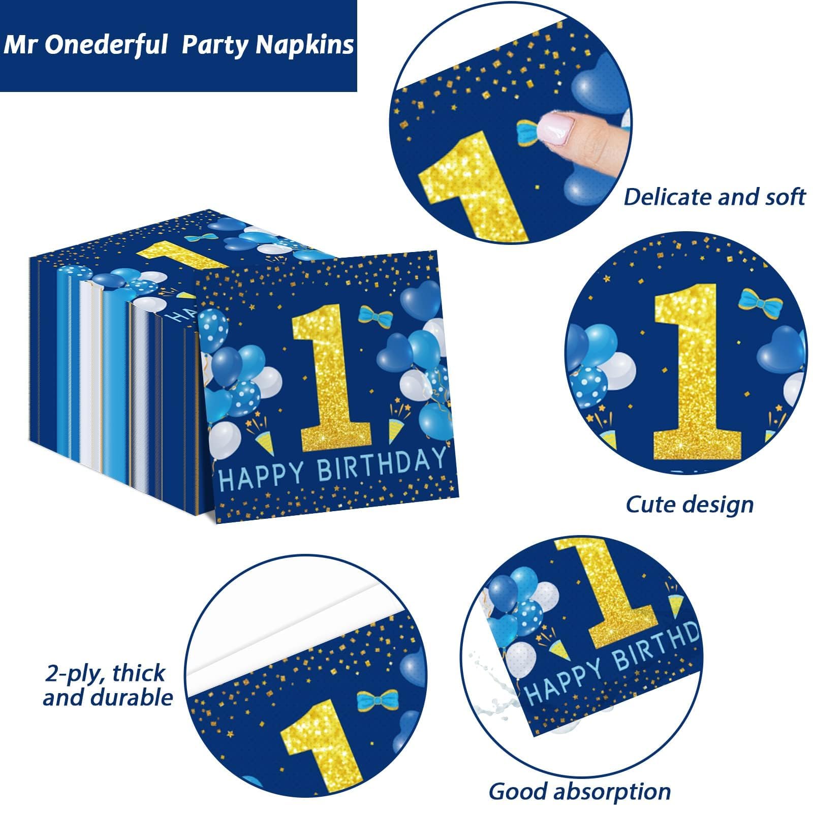 98 Pieces Mr Onederful 1St Birthday Party Decorations Boy 1St Birthday Tableware Set Blue Tablecloth Plates Party Supplies Kit F