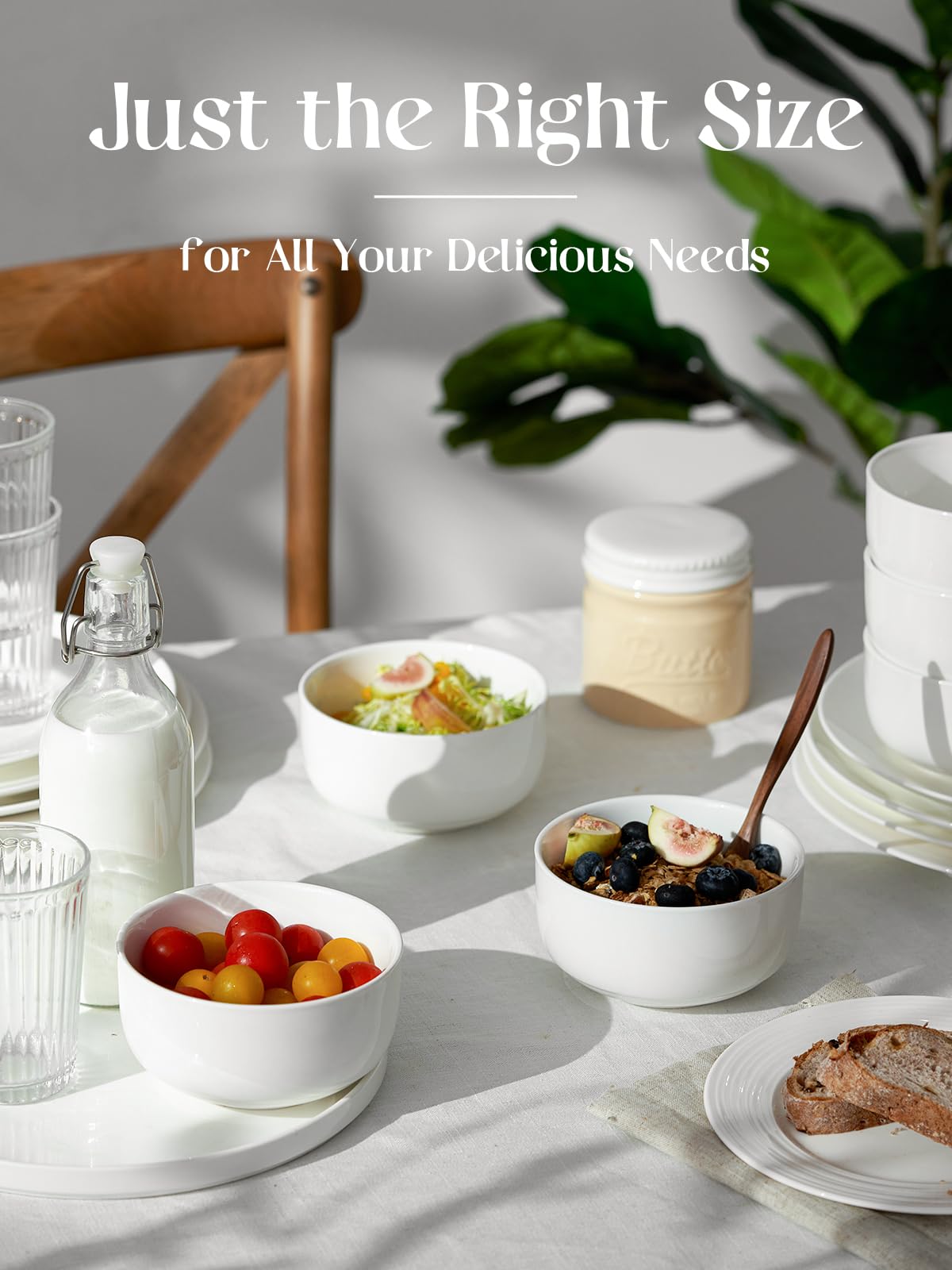 DOWAN 22 OZ White Bowls Set of 6 - Ceramic Small Bowls for Cereal  Soup  Dessert  Oatmeal  Rice  Pasta  Chips  Fruit - Dishwasher & Microwave Safe