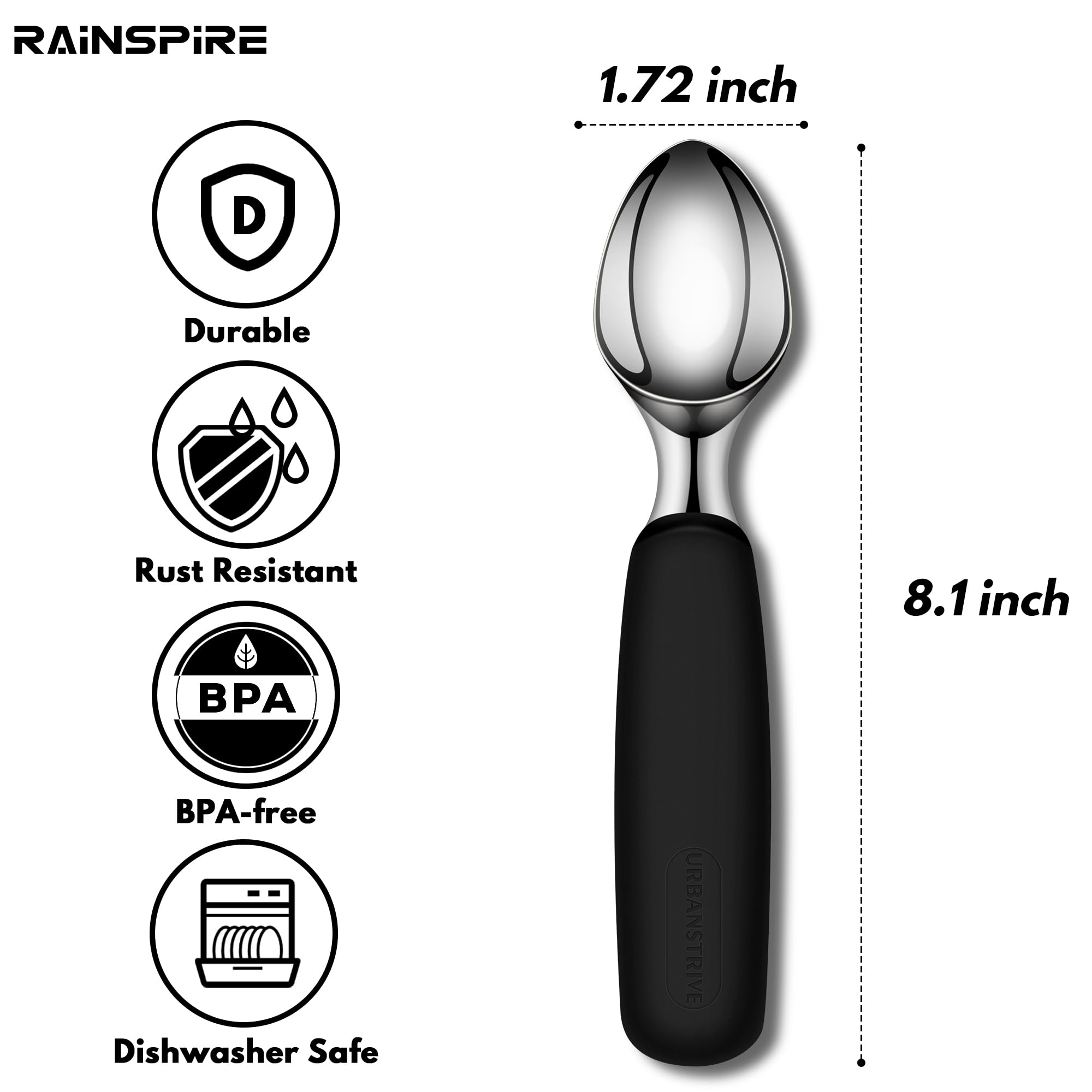 Urbanstrive Ice Cream Scoop Stainless Steel, Ice Cream Scooper Professional Large Ice Cream Scoops With Non-Slip Rubber Handle,