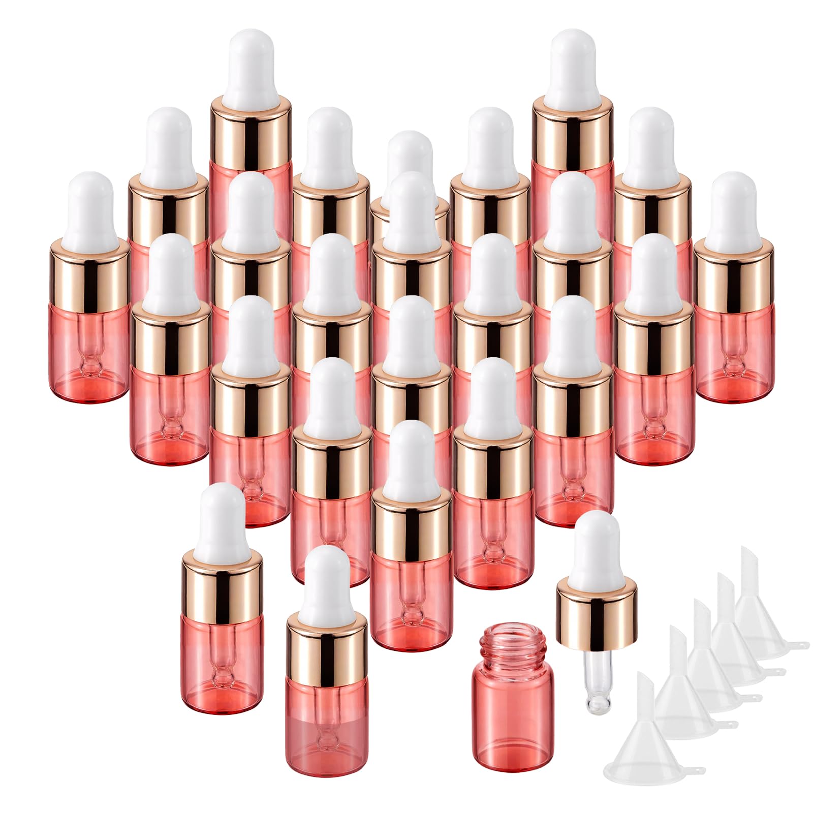 JIUWU 25 Pack 2ml Pink Small Glass Dropper Bottles with 5 Funnels