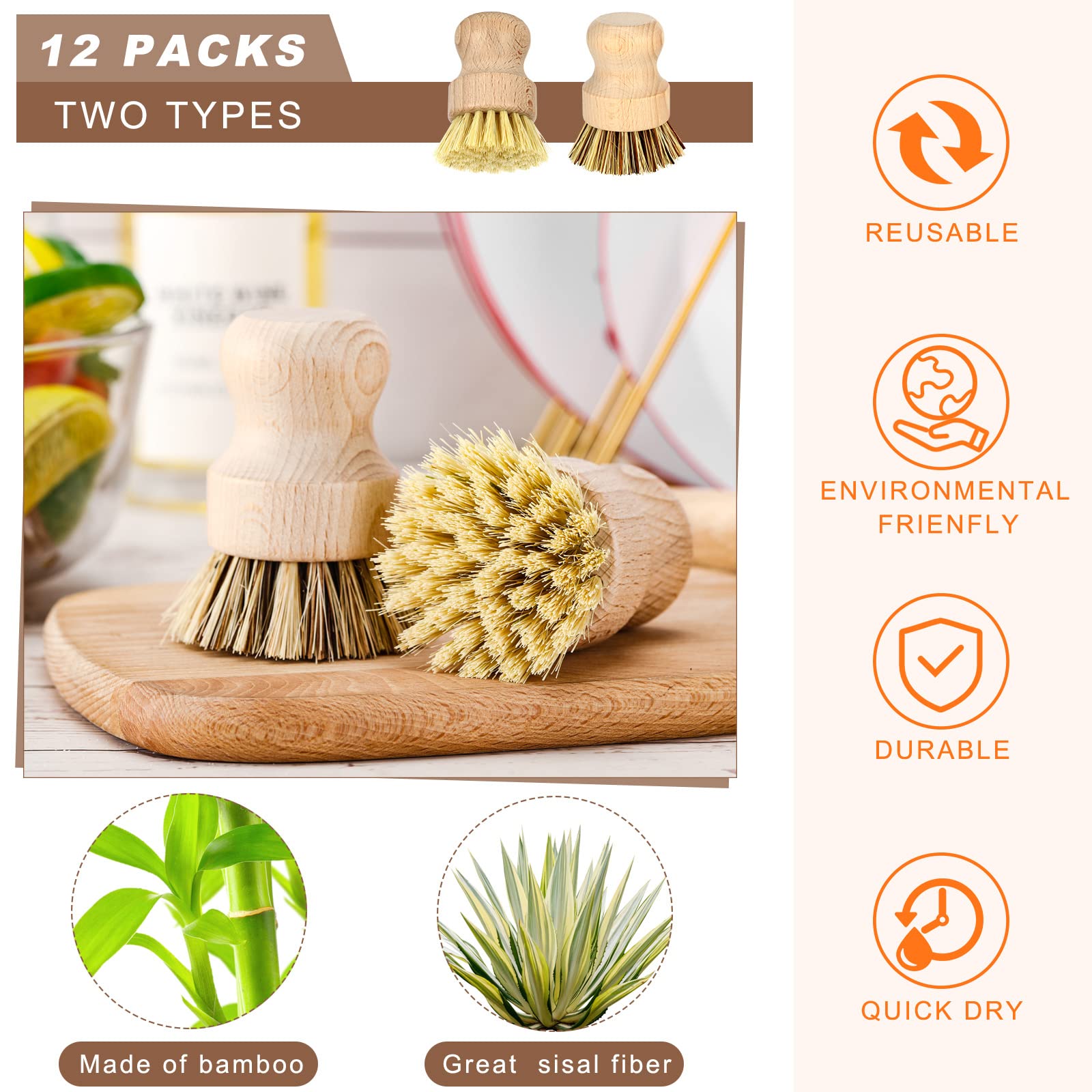 Queekay 12 Pcs Bamboo Dish Brush, Wooden Dish Scrub Brush Wood Dish Scrubber Sisal Bristle Kitchen Brushes For Dishes Cleaning M