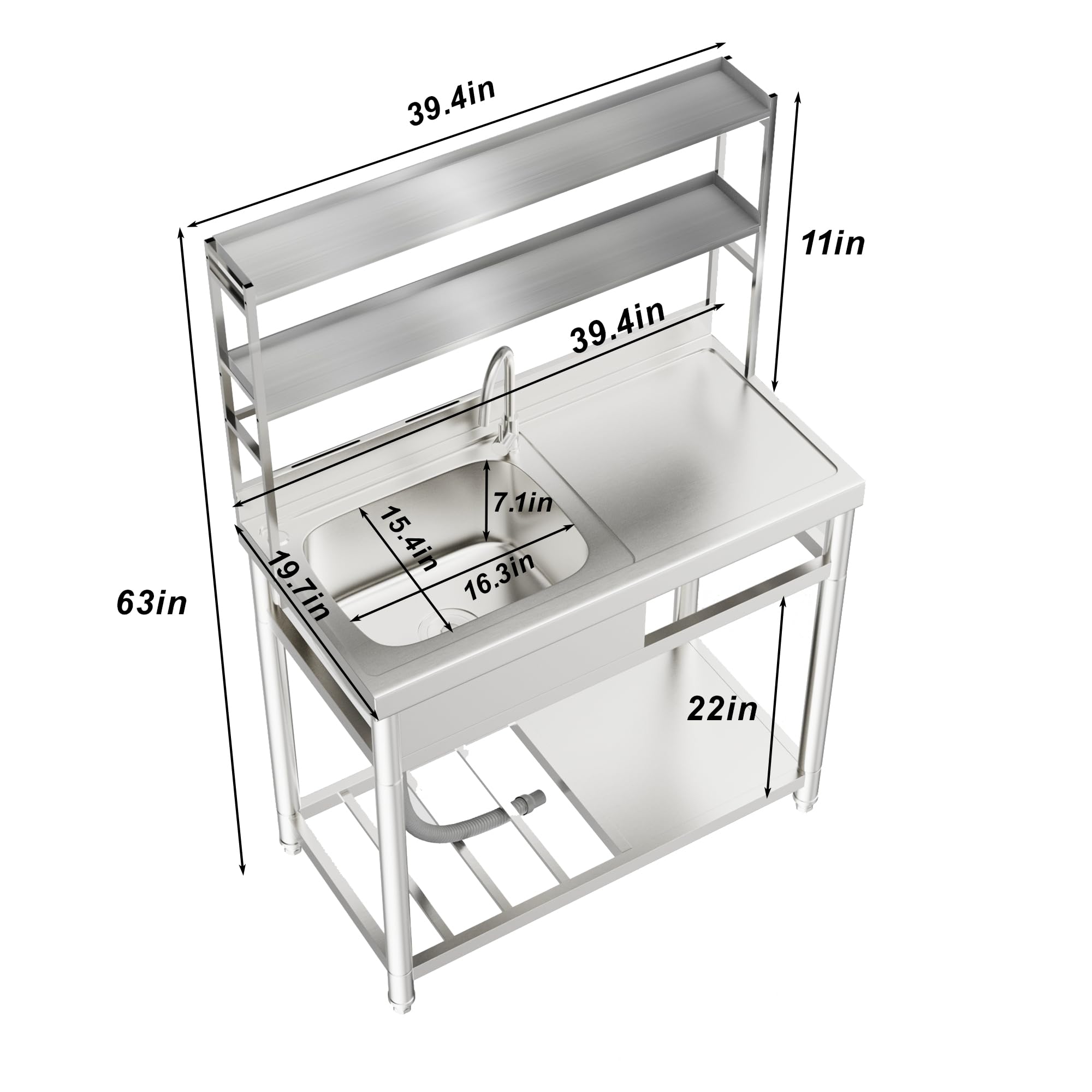 Roomtec 304 Stainless Steel Utility Sink Set, Single Bowl Commercial Sink With Drainboard And Hanging Tools For Kitchen, Garage,