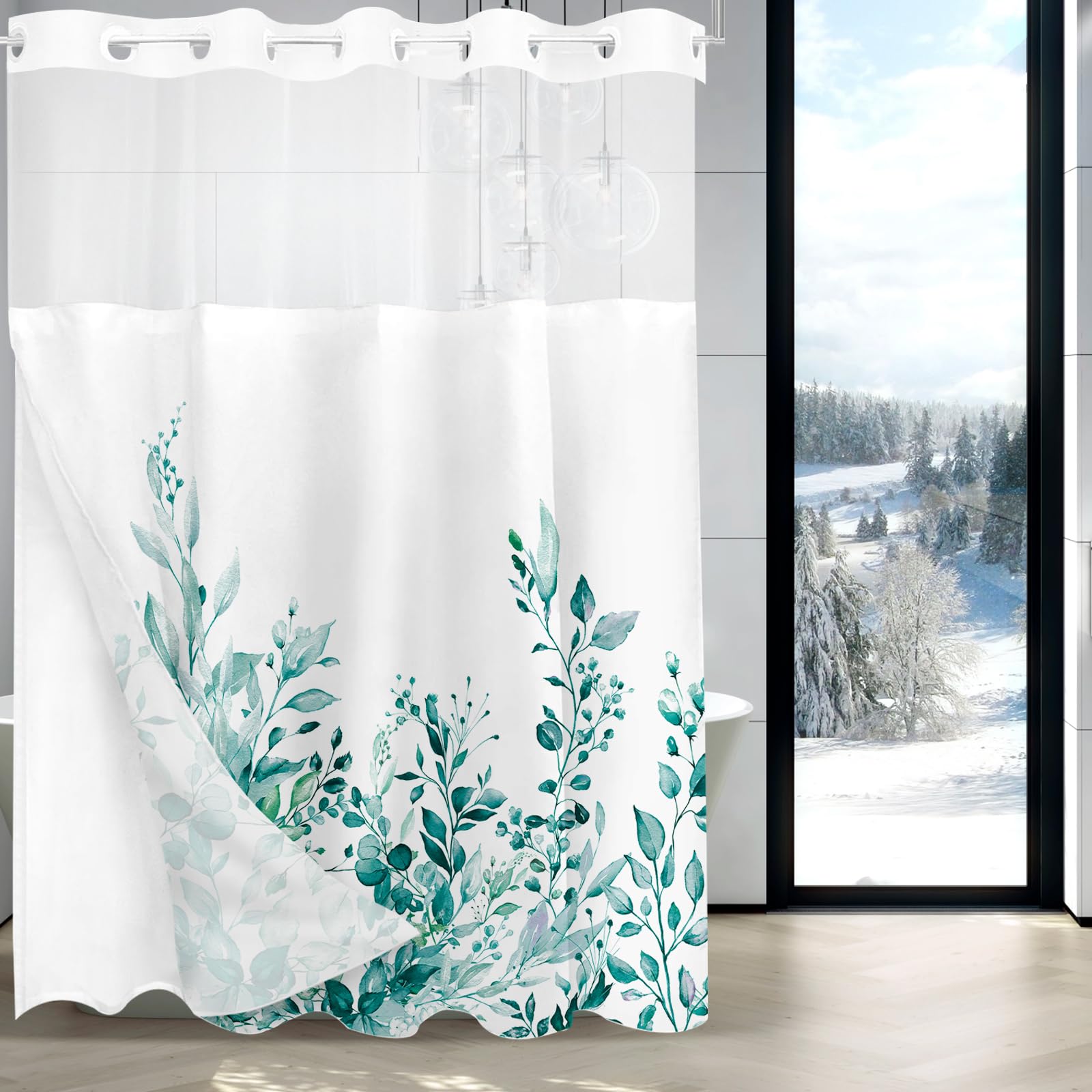 Tititex No Hooks Snap In Liner Teal Eucalyptus Leaves Shower Curtain Sets, Hotel Luxury Double Layers Waterproof Fabric & See-Th