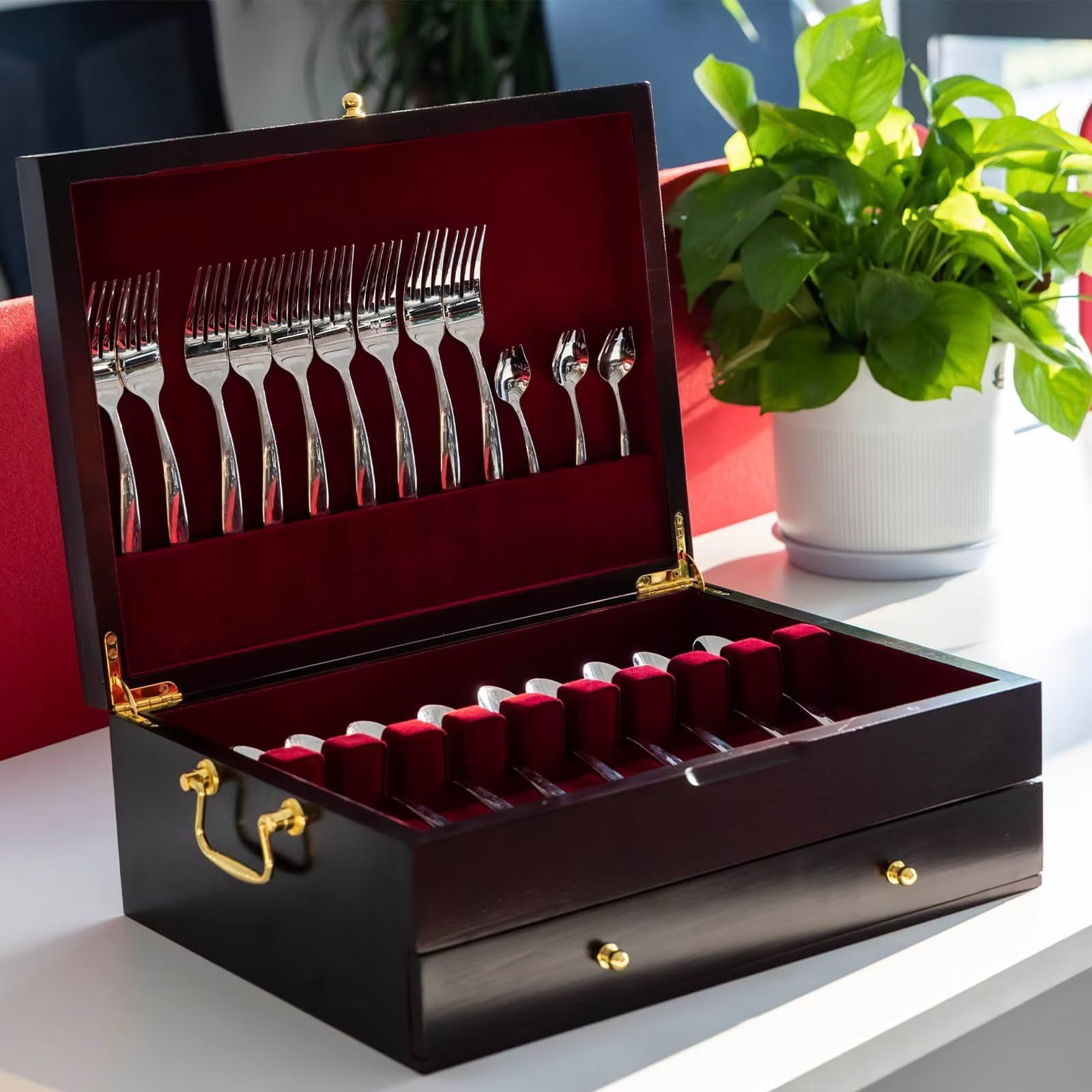 Genrice Wooden Silverware Chest Without Silverware Double-Layer, Silverware Box Storage For Silver, Silverware Case With Handle