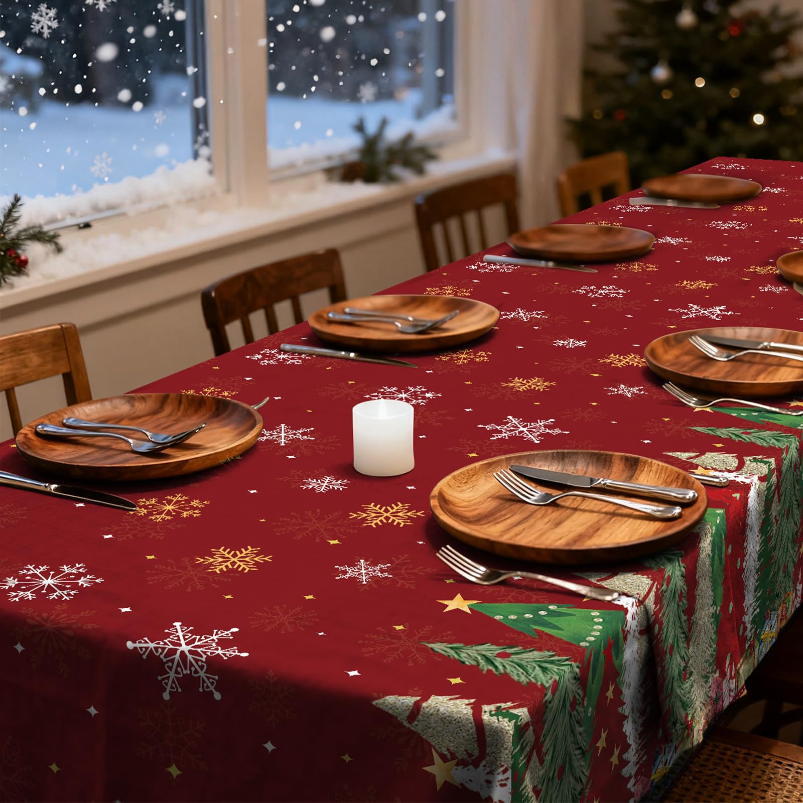 3-Piece 54 x 108 Inch Christmas Tree Plastic Tablecloth - Holiday Disposable Red and Green Table Cover for Christmas Dinners, Wi