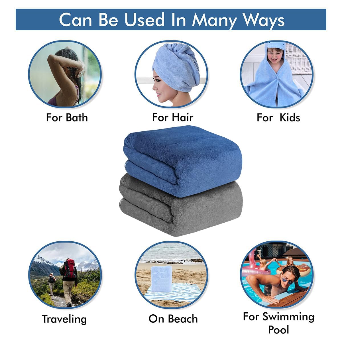 UrbanLeaf Microfiber Large Bath Towel | Quick Dry Super Absorbent - Bath Towel for Men and Women | Grey & Navy Blue | Towel for