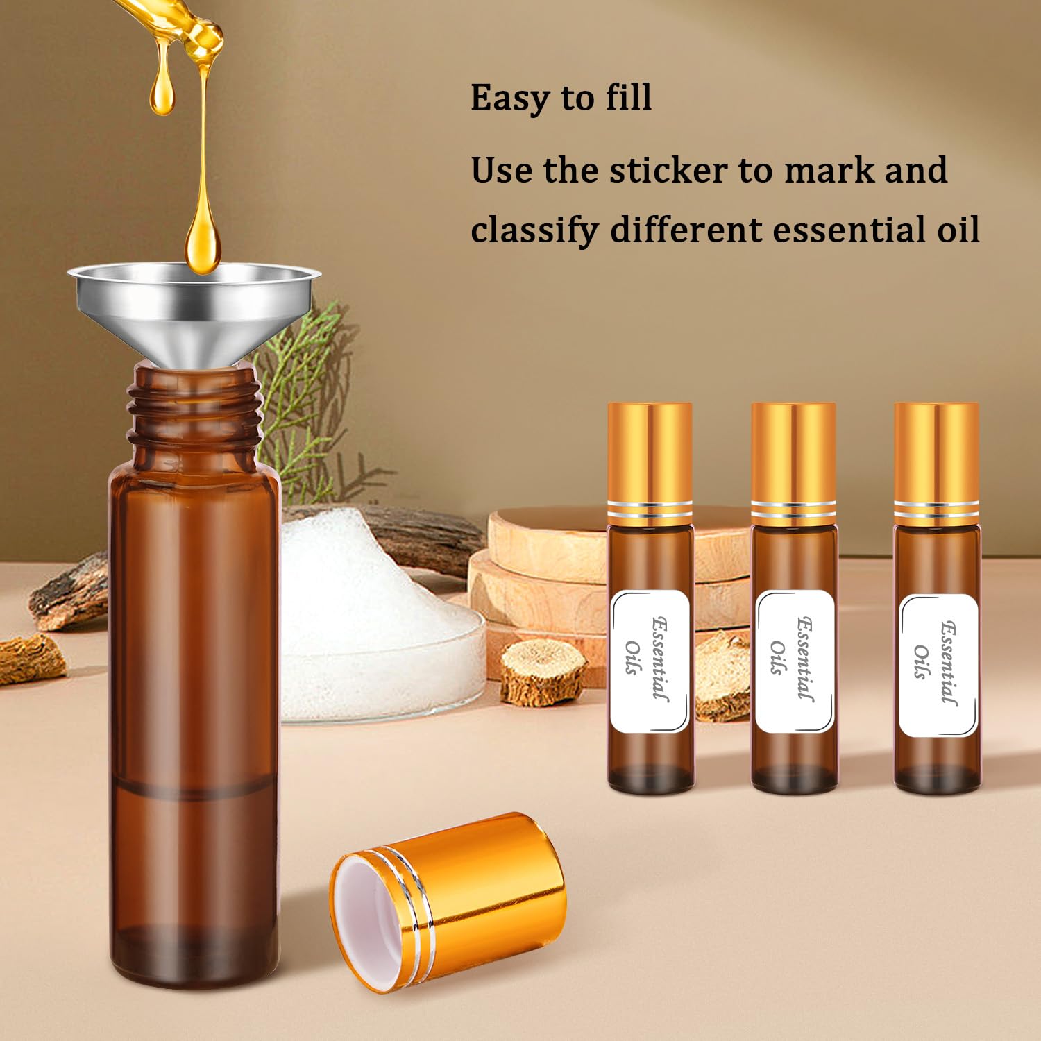 4 Pack, Essential Oil Roller Bottles, Amber Glass Roller Balls For Essential Oils, 10Ml Empty Rollerball Bottles For Travel Refi