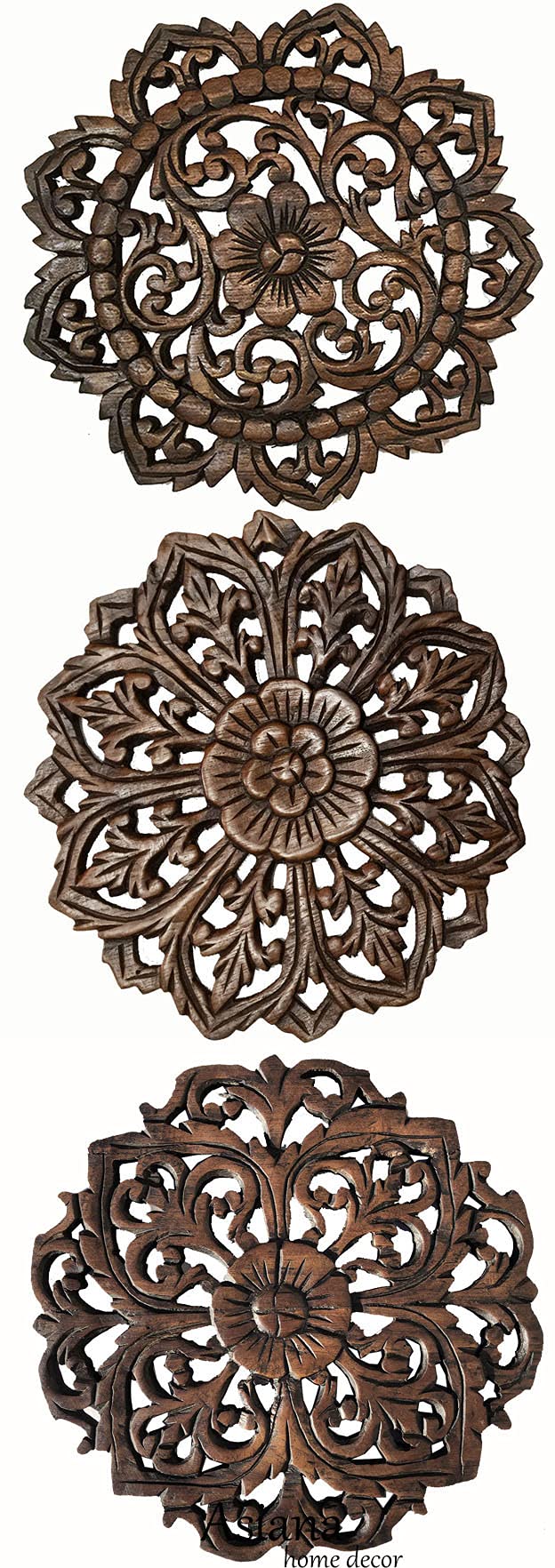Asiana Home Decor Set of 3 Round Floral Teak Wood Wall Plaques. Size 12x12x0.5. Brown. Wall Home Decor. Living Room, Dining Room