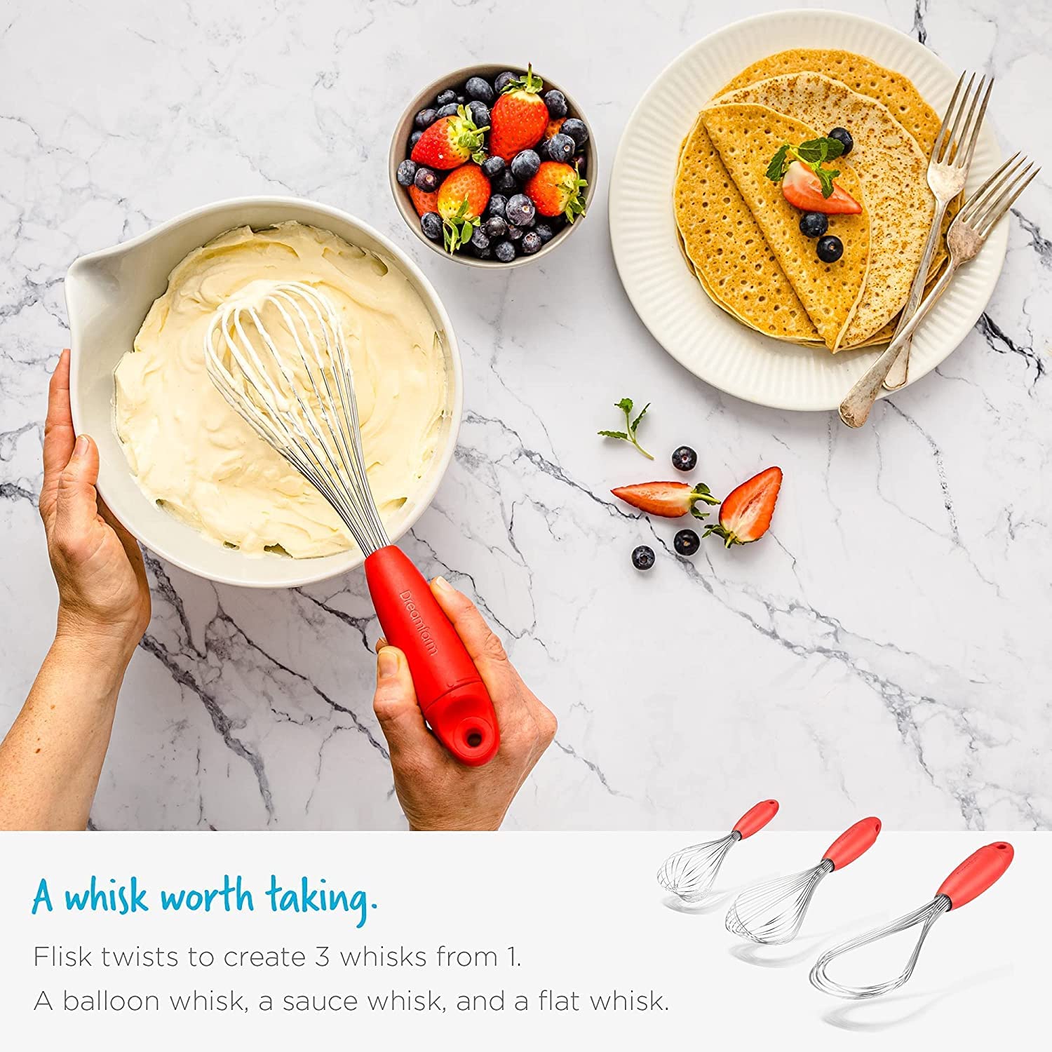 Dreamfarm Flisk | 3 In 1 Stainless Steel Whisk With Ergonomic Handle | Balloon Whisk, Sauce Whisk And Flat Whisk Combined Into O