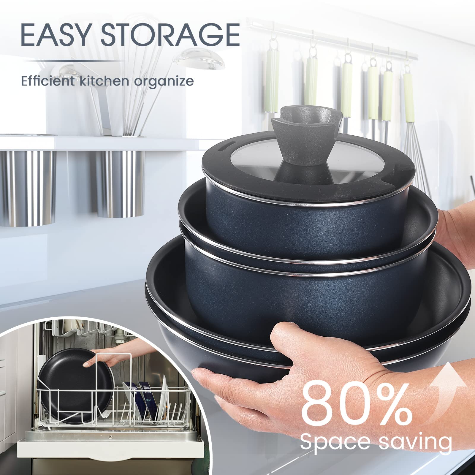 Motase 6pcs Pots and Pans Set, Nonstick Cookware Set Detachable Handle, Induction Kitchen Cookware Sets Non Stick with Removable