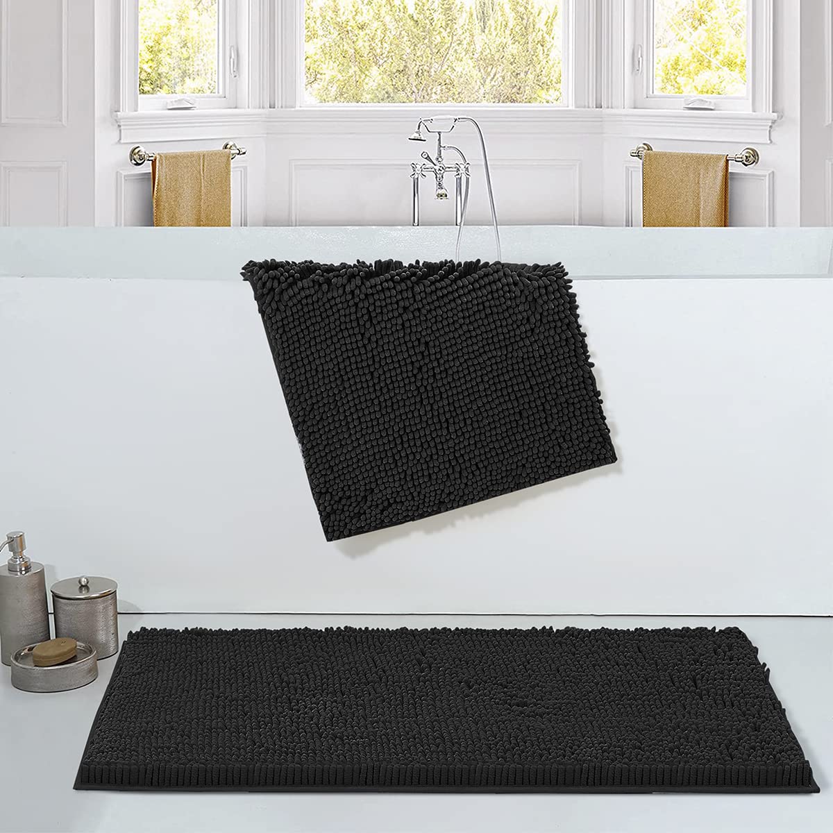 SONORO KATE Bathroom Rug Non-Slip Bath Mat Soft Cozy Shaggy Thick Bath Rugs for Bathroom Plush Rugs for Bathtubs Water Absorbent Rain Showers and Under The Sink (Black  17'' x 47'' Plus 17'' x 24'')