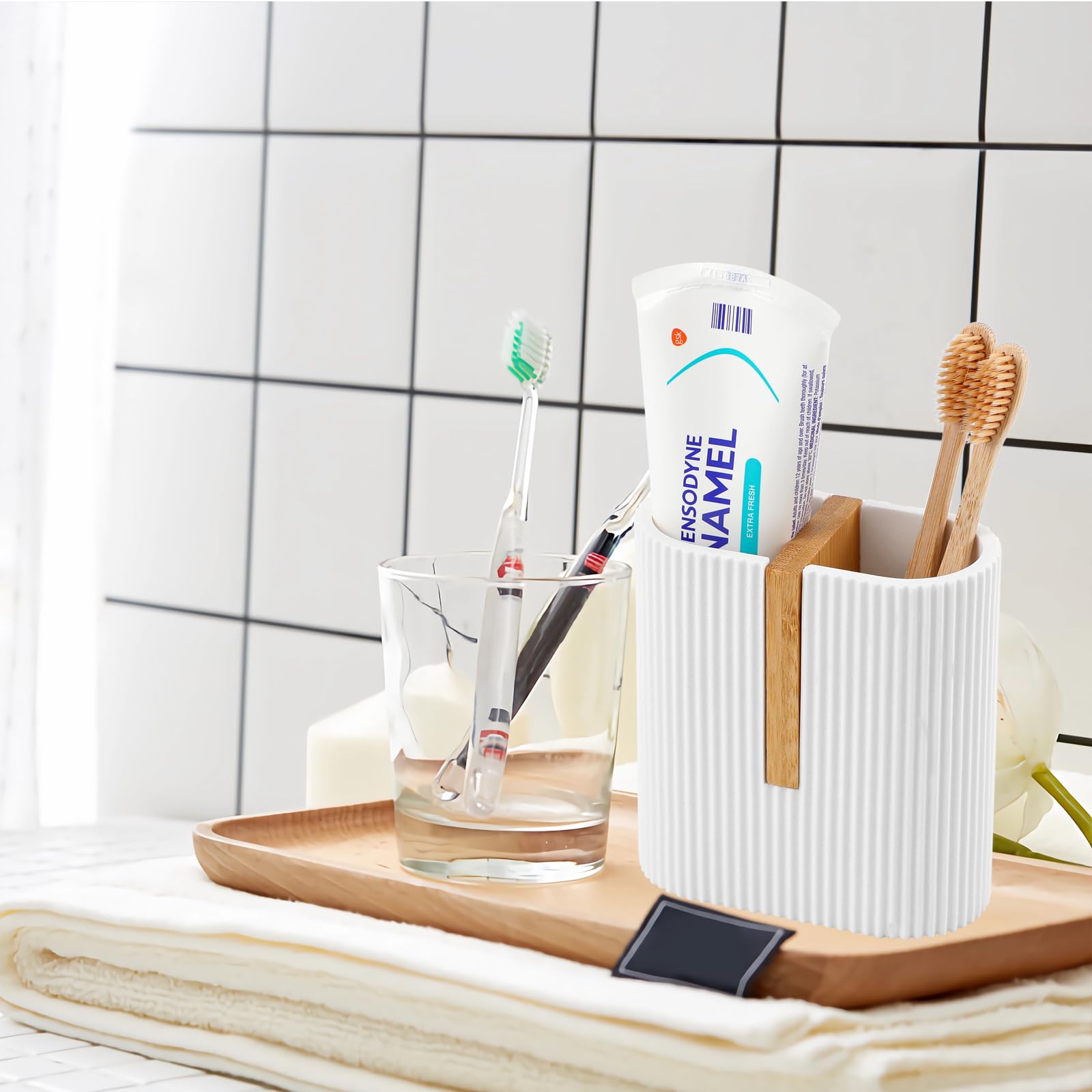 Rejomiik Matte White Toothbrush Holders Electric Toothbrush Holder For Bathrooms, Bamboo Tooth Brushing And Toothpaste Storage O