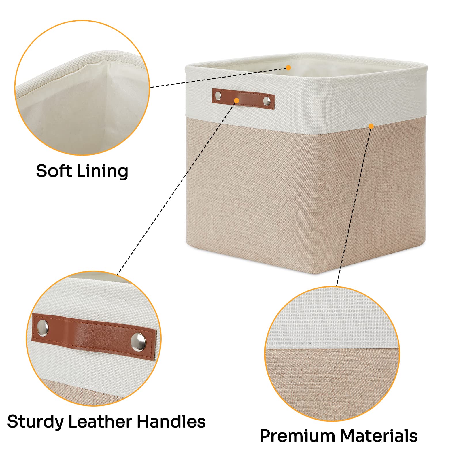DULLEMELO Fabric Storage Cubes 13 inch Cube Stroage Bins for Empty Gift Basket Toy Nursery Storage Linen Closet Organizers and Storage Baskets Shelves Bins(White&Khaki)