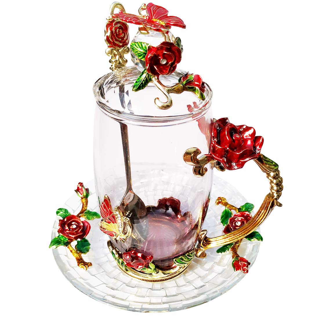 Lantree Fancy Glass Tea Cup With Lid Saucer Spoon Flower Coffee Mug Unique Birthday Gift For Friend Female Mother-In-Low Daughte