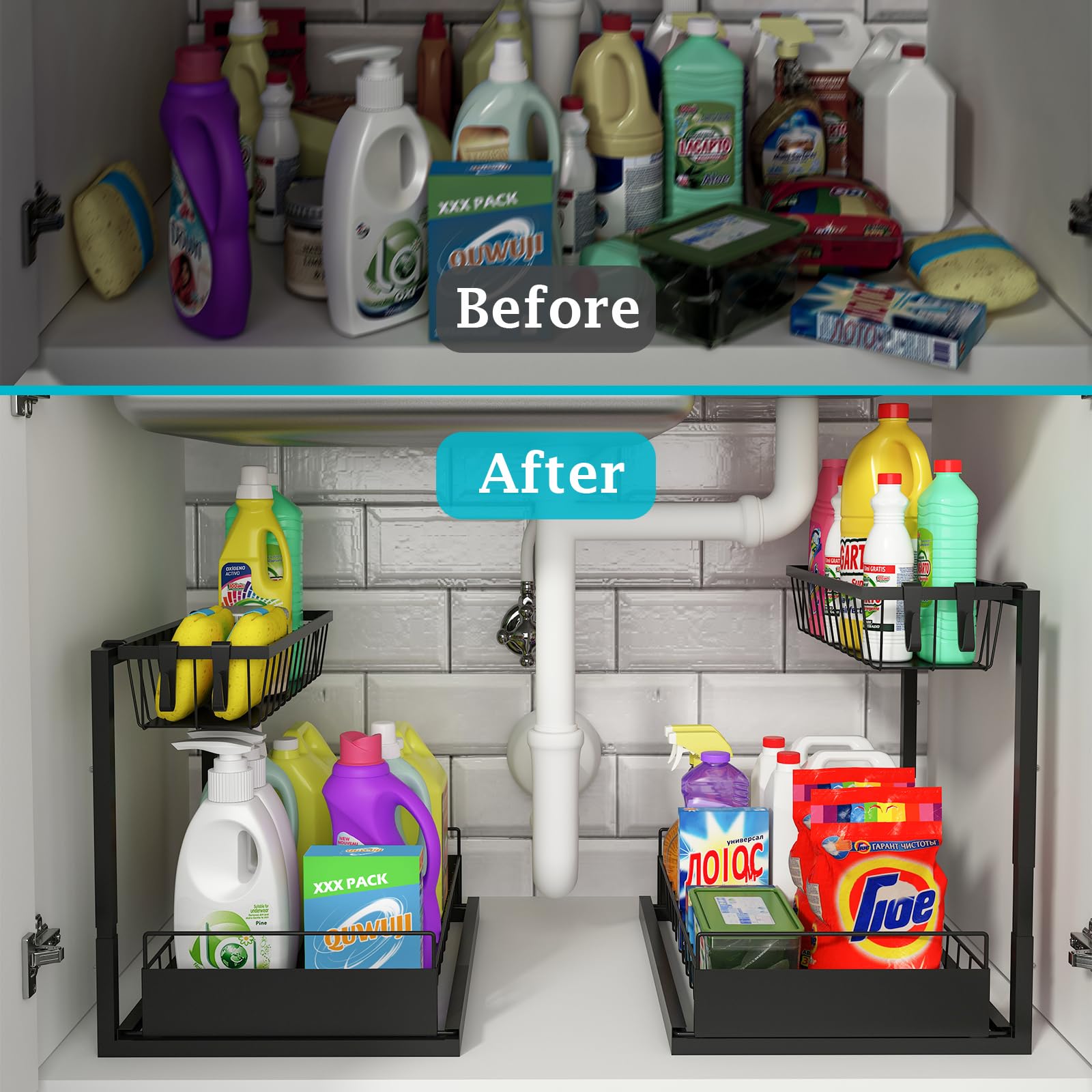 Realinn Under Sink Organizer, 2 Pack Height Adjustable Kitchen Organizers And Storage, 2 Tier Pull Out Sliding Cabinet Organizer