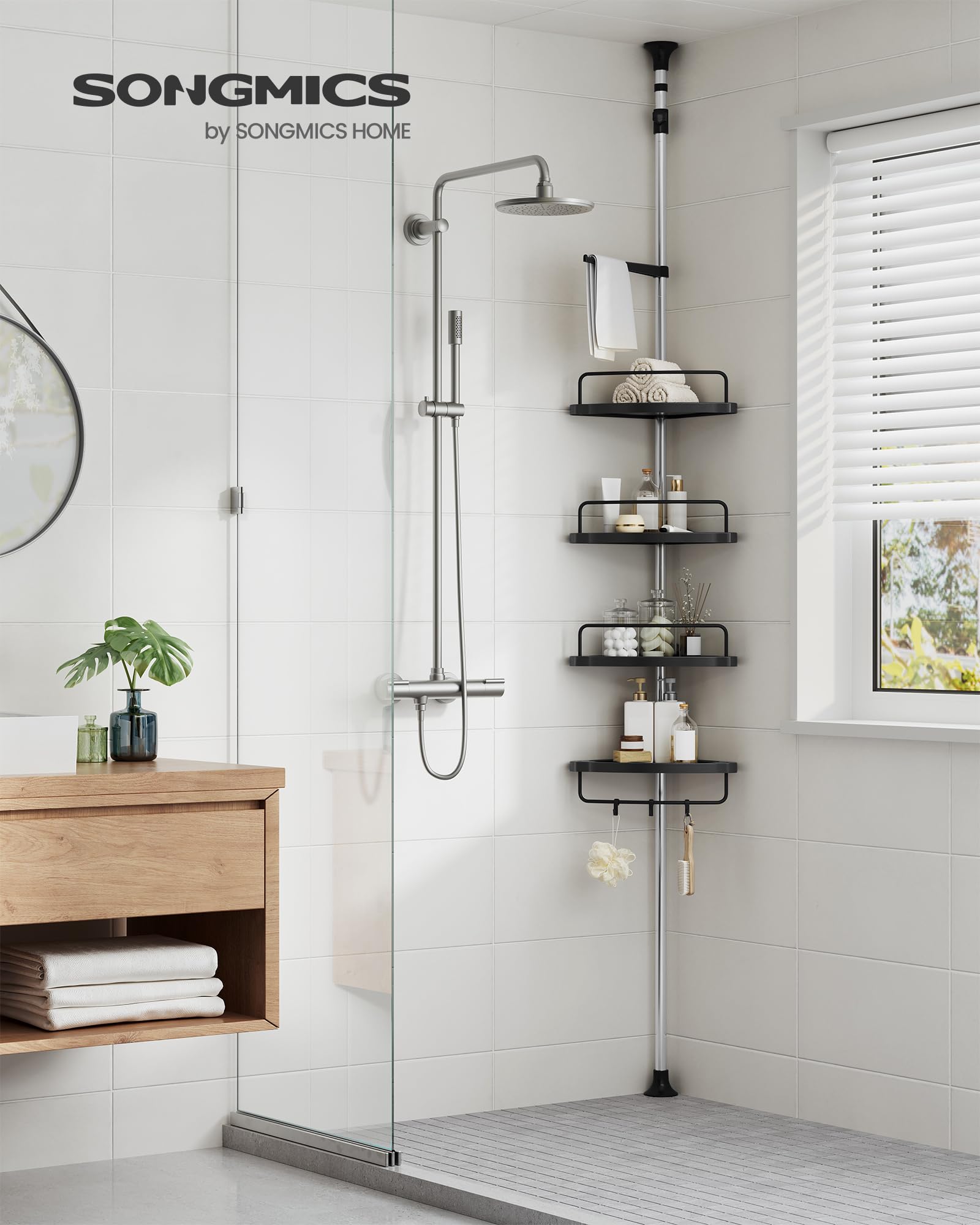 SONGMICS 4-Tier Corner Shower Caddy, Adjustable Tension Pole, Rust-Resistant, Ink Black, 35.8"-118.1" Height