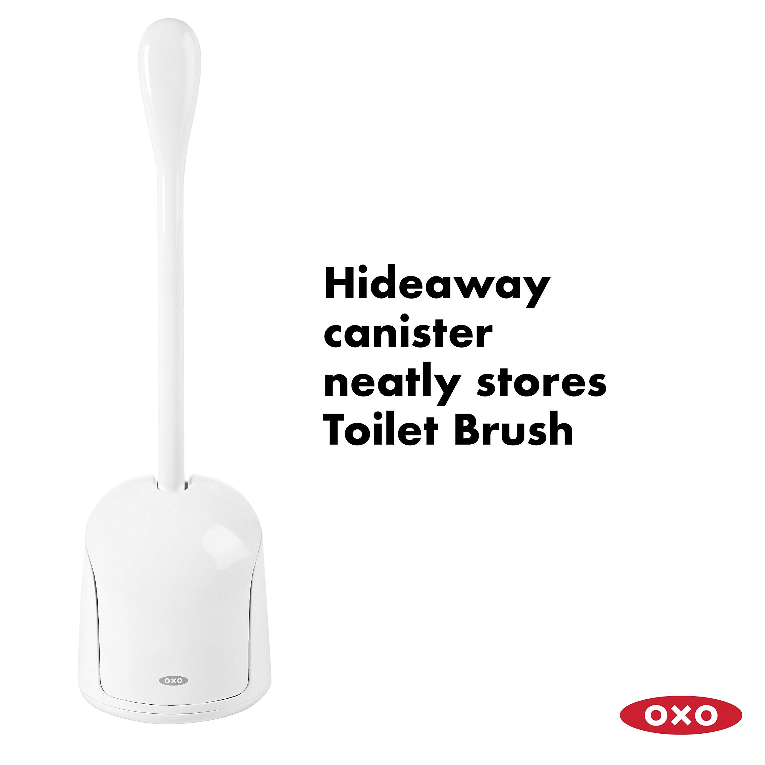 OXO Good Grips Compact Toilet Brush & Canister, White, 6" x 4-3/4" x 17-1/4", Thermoplastic Elastomer, Model 128