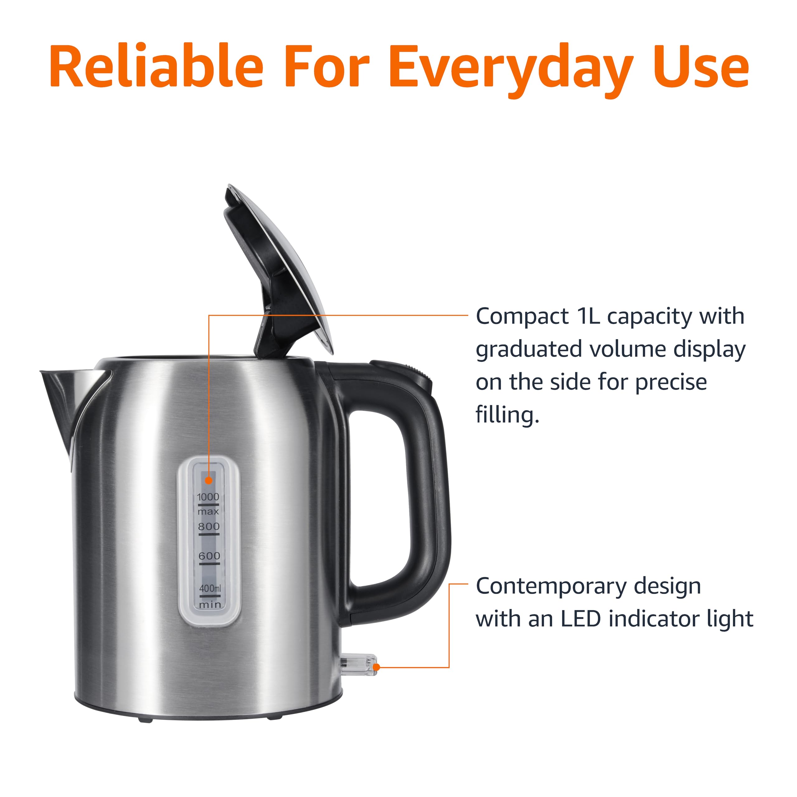 Amazon Basics 1.1Qt (1L) Electric Kettle, Tea Kettle & Water Boiler, with Auto Shut-Off, Boil Dry Protection, High-Safety Strix