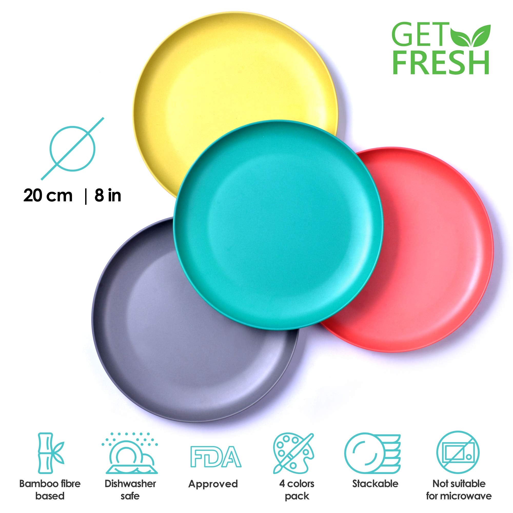 Get Fresh Bamboo Kids Plates Set - 4-Pack Reusable Bamboo Dinner Plates For Kids And Toddlers - Colorful Bamboo Fiber Childrens