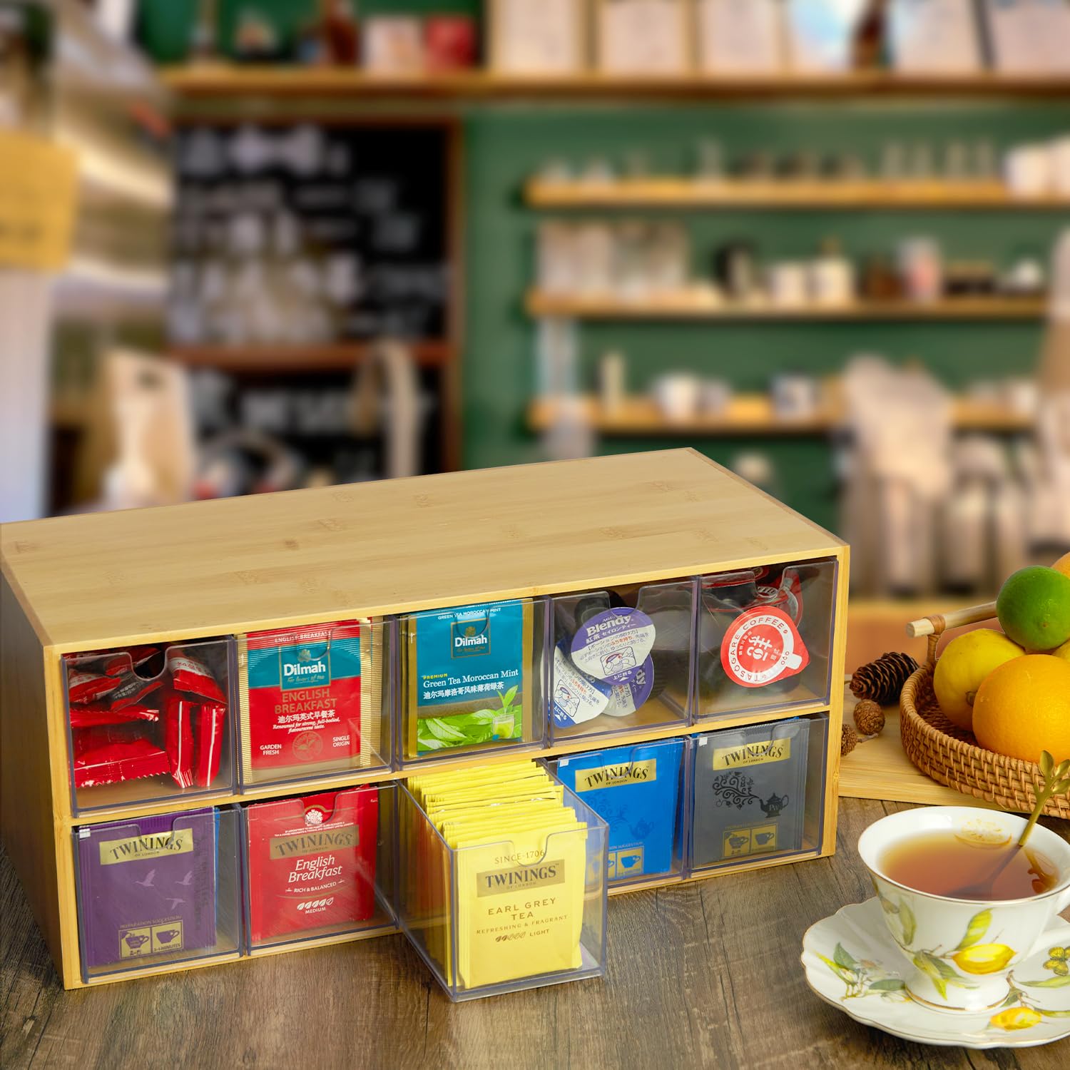 TIMIEEYA Bamboo Tea Bag Organizer with Drawer, 2 Layer Natural Wood & Acrylic Storage for Kitchen, Office, Cabinet