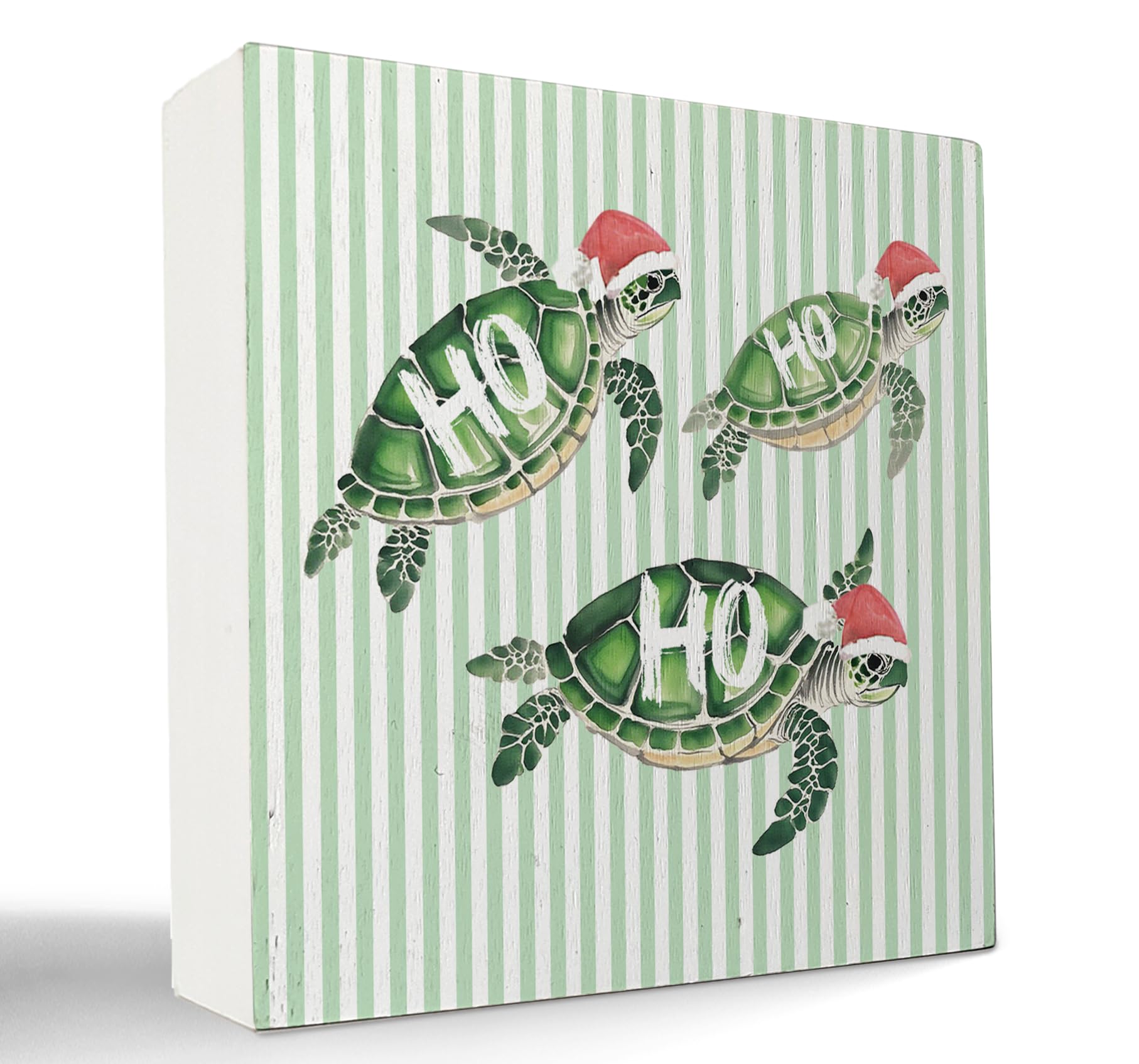 kunlisa Sea Turtle Christmas Beach Wooden Sign, Coastal Christmas Decor, Ho Ho Ho Xmas Santa Turtle Green Striped Wood Box Sign 