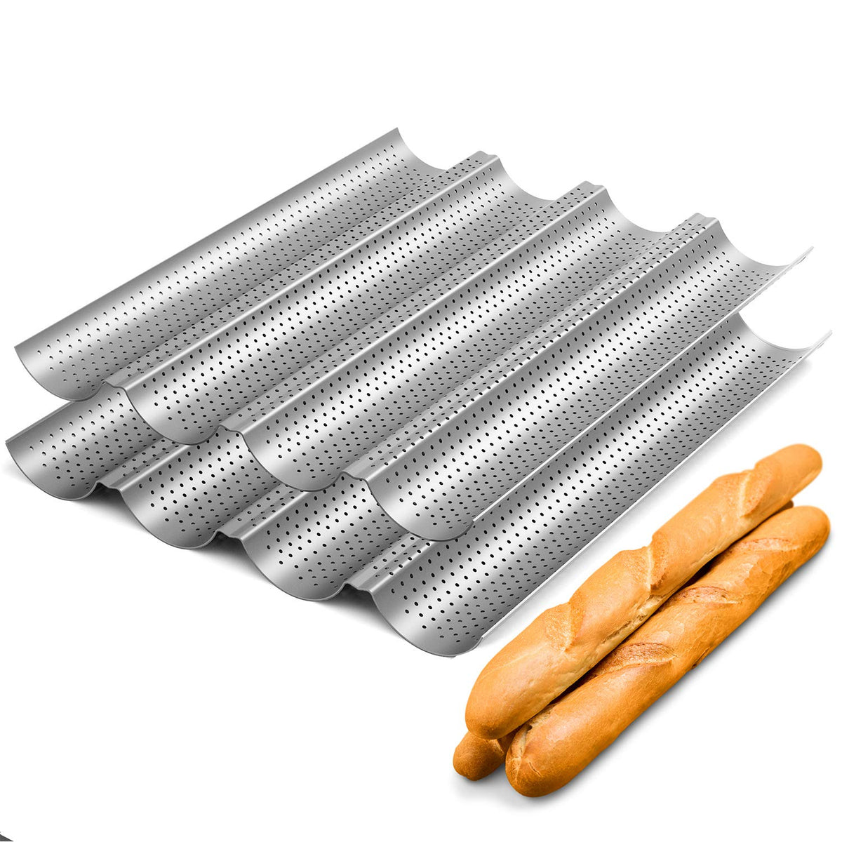 2 Pack Nonstick Perforated Baguette Pan 15'' X 13'' For French Bread Baking 4 Wave Loaves Loaf Bake Mold Oven Toaster Pan (Silve
