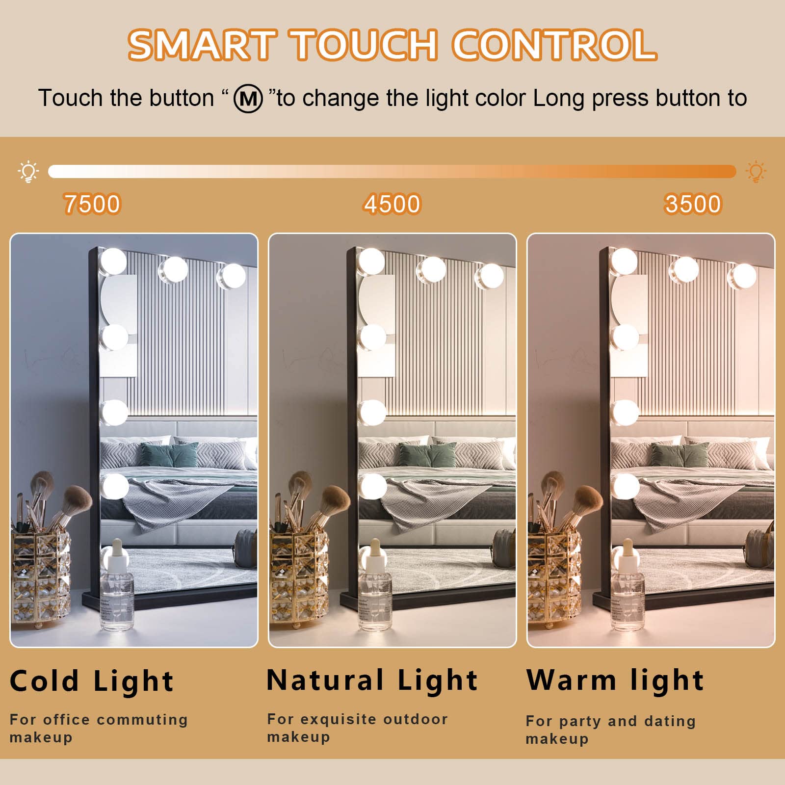 FENCHILIN Vanity Mirror with Lights Hollywood Lighted Mirror with Dimmer Bulbs Tabletop or Wall Mounted Vanity Makeup Mirror Smart Touch Control (Black)