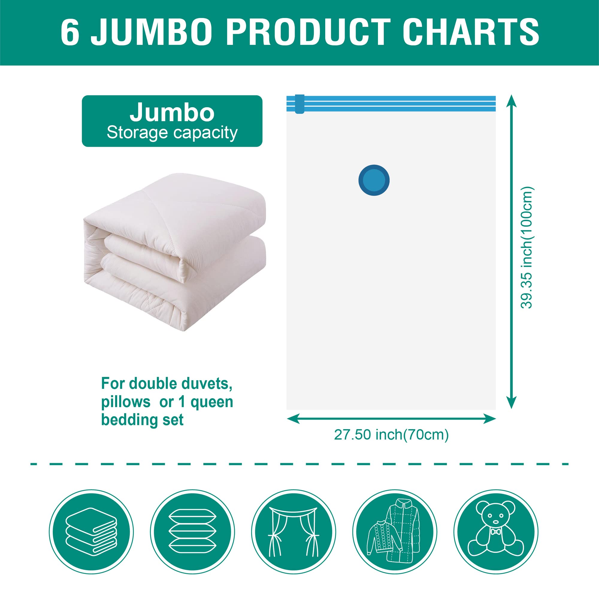 6 Jumbo Vacuum Storage Bags  Space Saver Bags Compression Storage Bags for Comforters and Blankets  Vacuum Sealer Bags for Clothes Storage  Hand Pump Included