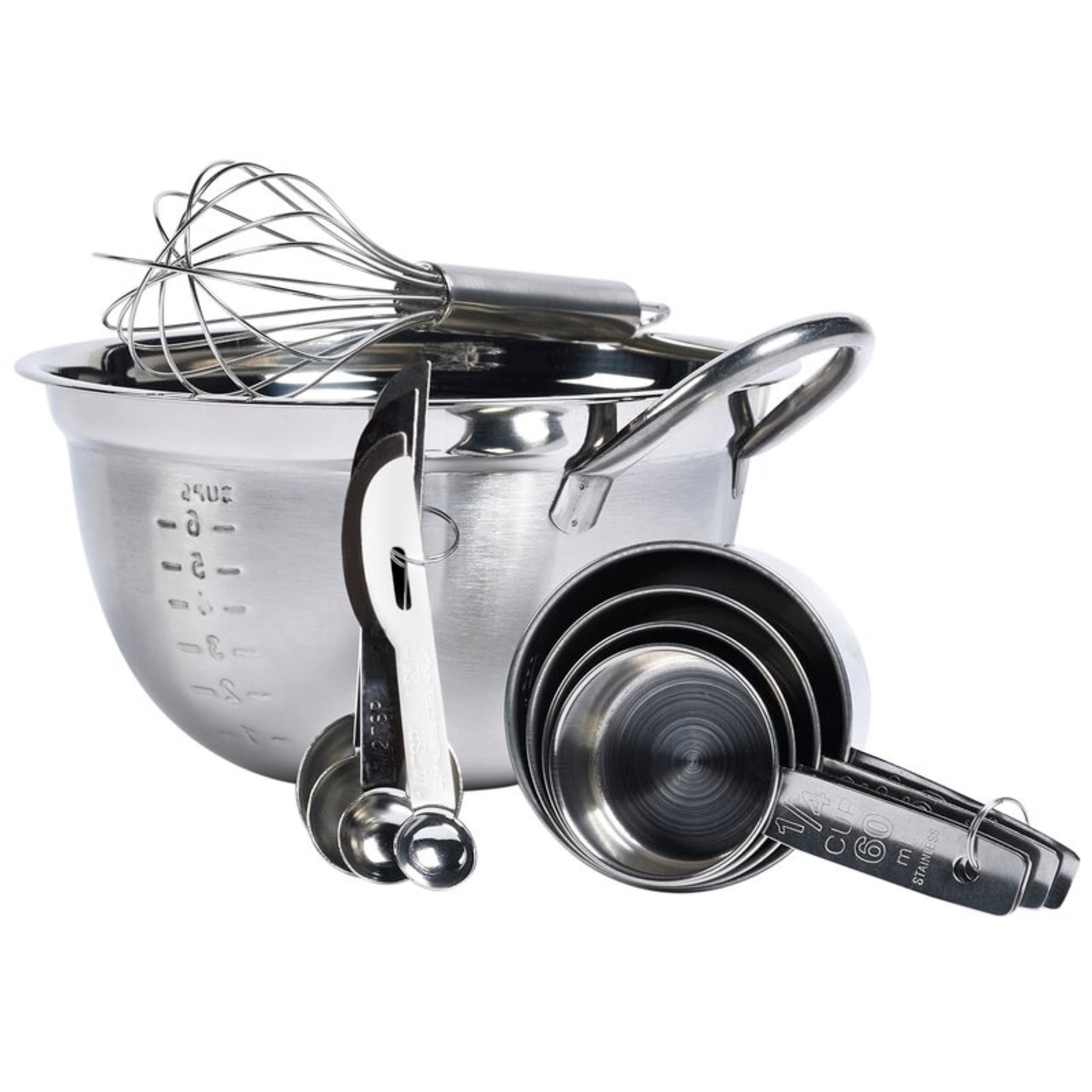 Le Regalo Meal Prep Piece Stainless Steel Set, 4 Measuring Cups And Spoons, 10'' Whisk And 3 Quart Mixing Bowl, Large, Silver,Hw