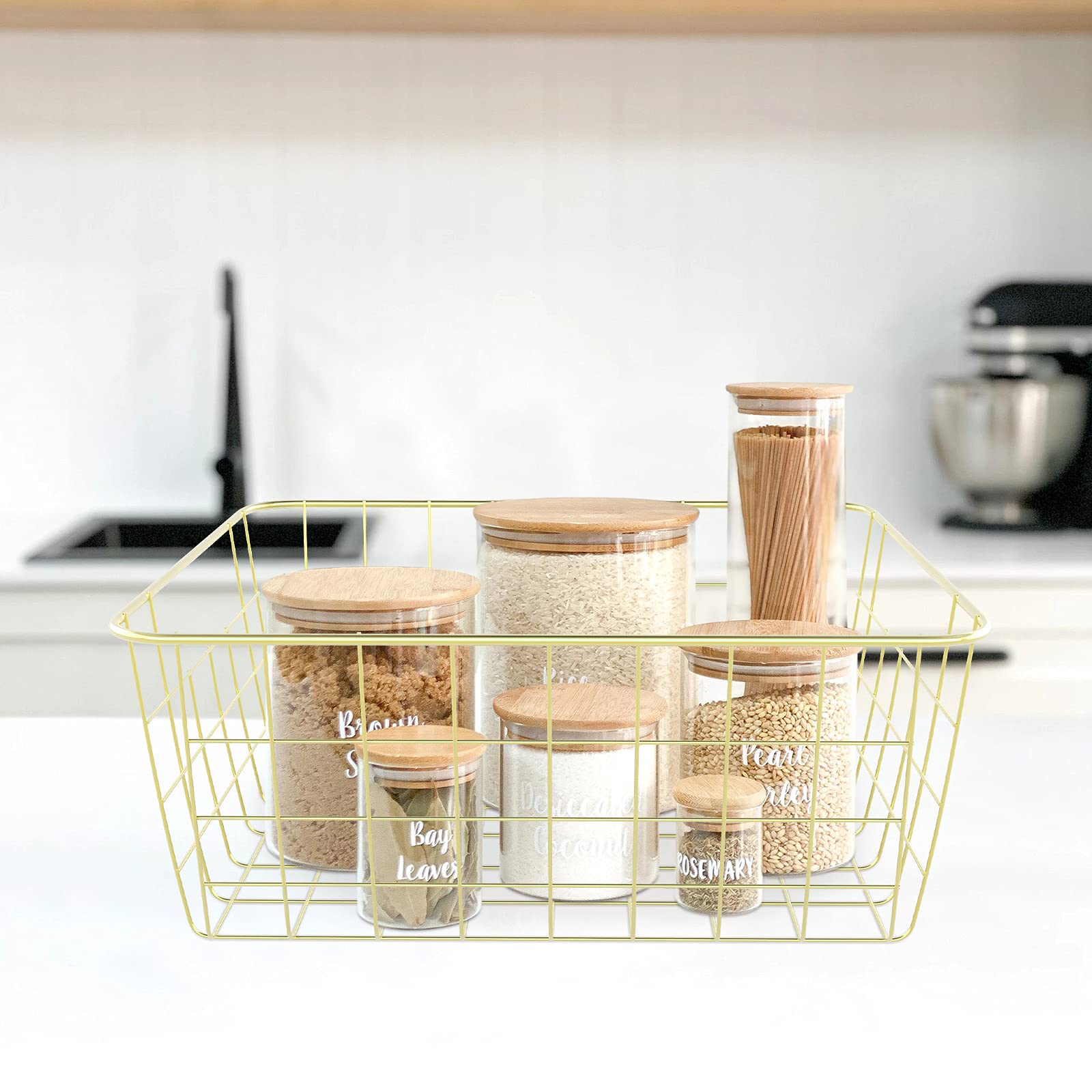Gold Wire Baskets For Organizing, Metal Storage Baskets With Handles, Sturdiness Small Wire Storage Basket Organizer Bins For Pa