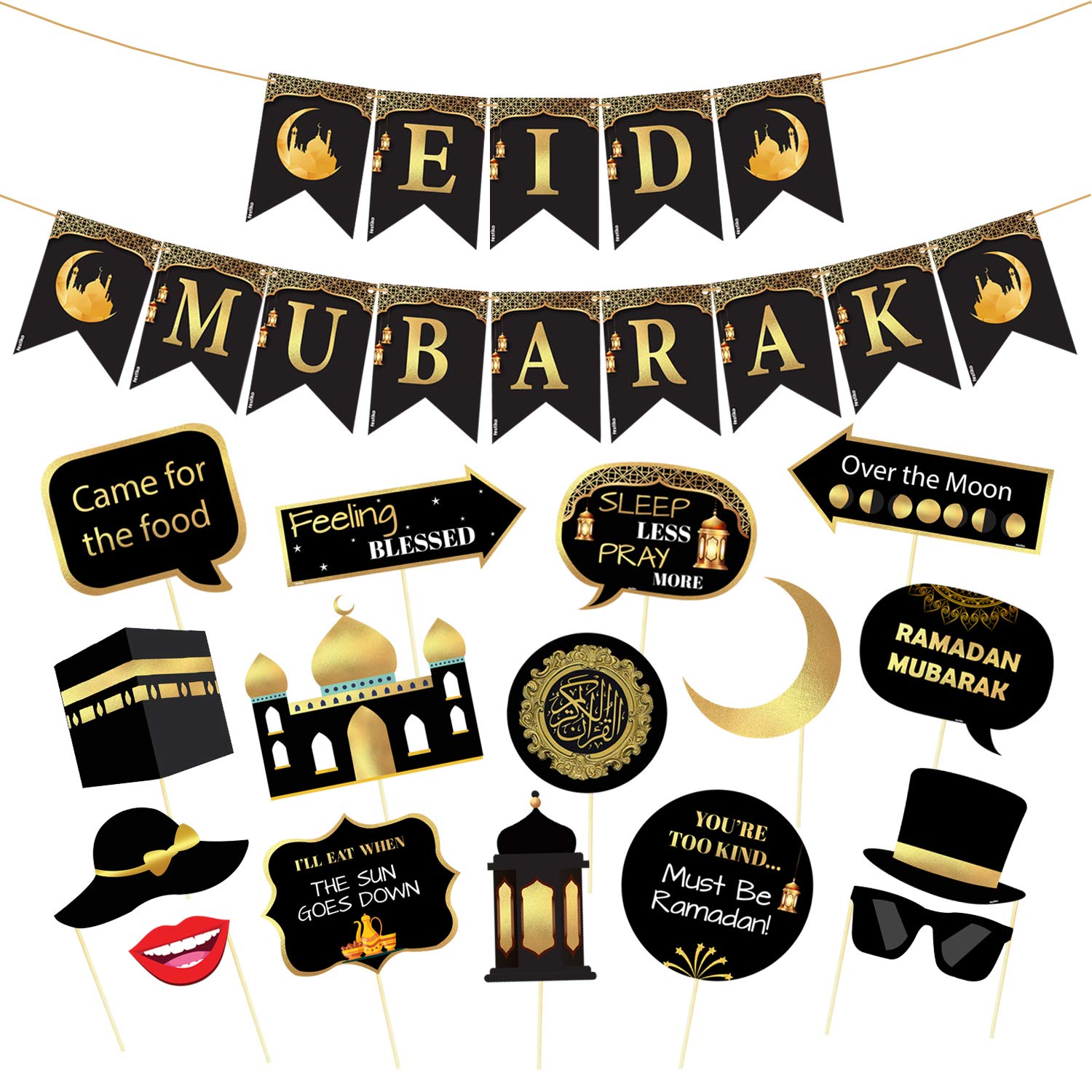 Festiko Eid Mubarak Combo (17 Pcs)  Eid Mubarak Decoration  Ramadan Party Decorations Supplies  Eid Mubarak Banner & Photoboo