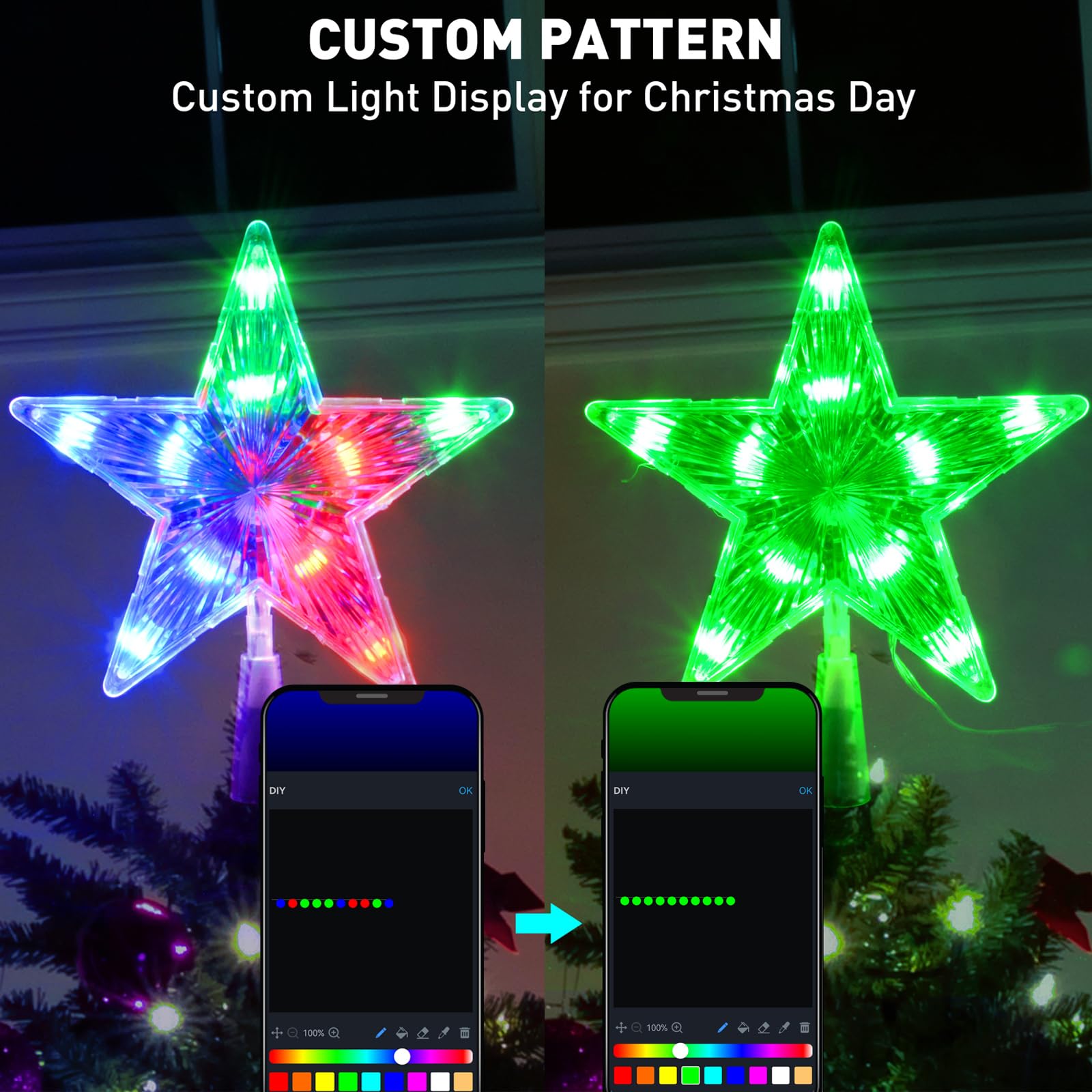 7.6 Christmas Tree Topper Star, RGB LED Lighted Star Tree Top w/Remote Control&APP, Scene Mode, DIY, Dimmable, Timer, Multicolou