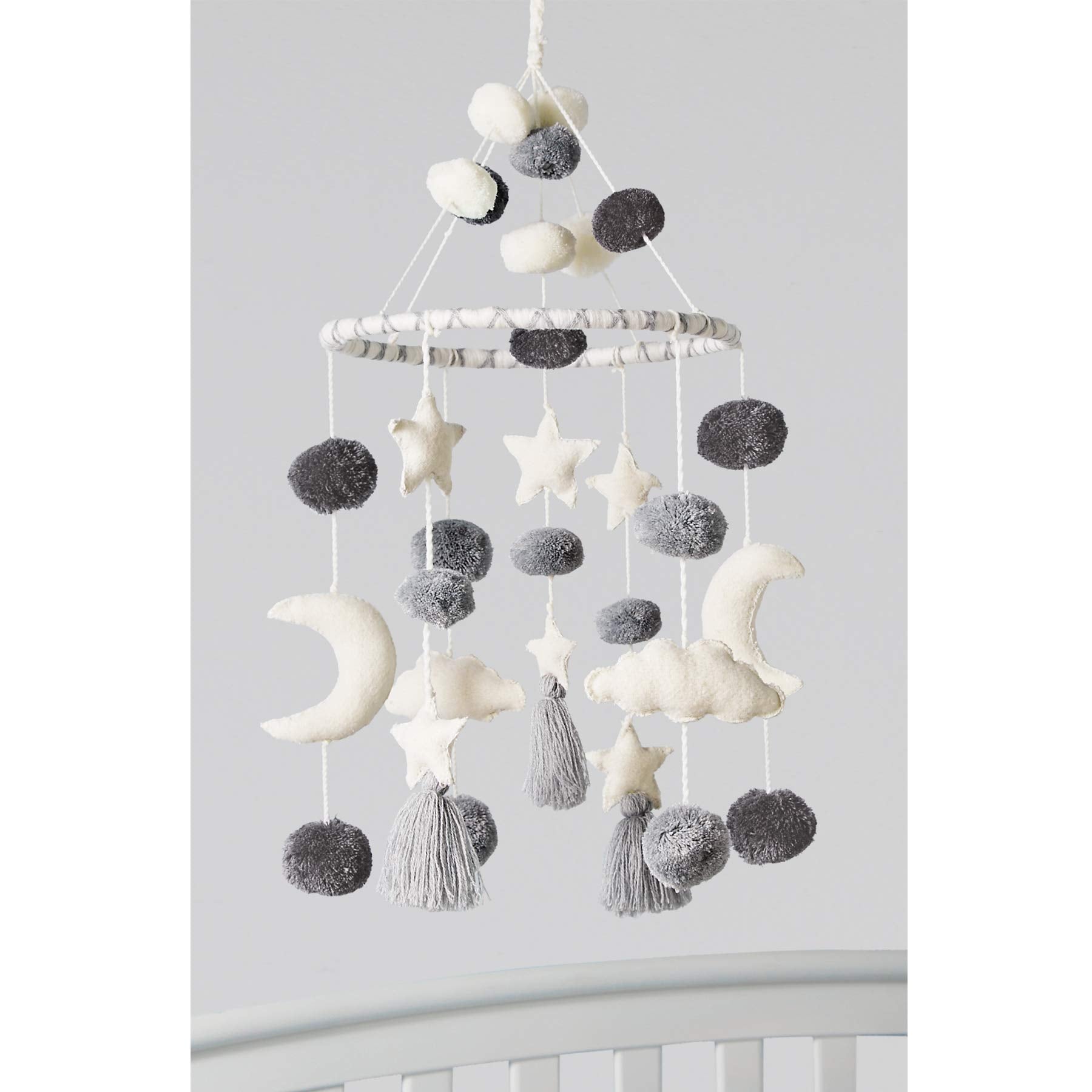 Mud Pie Pom Pom Stars and Clouds Celestial Crib Mobile - White and Grey  White/Grey