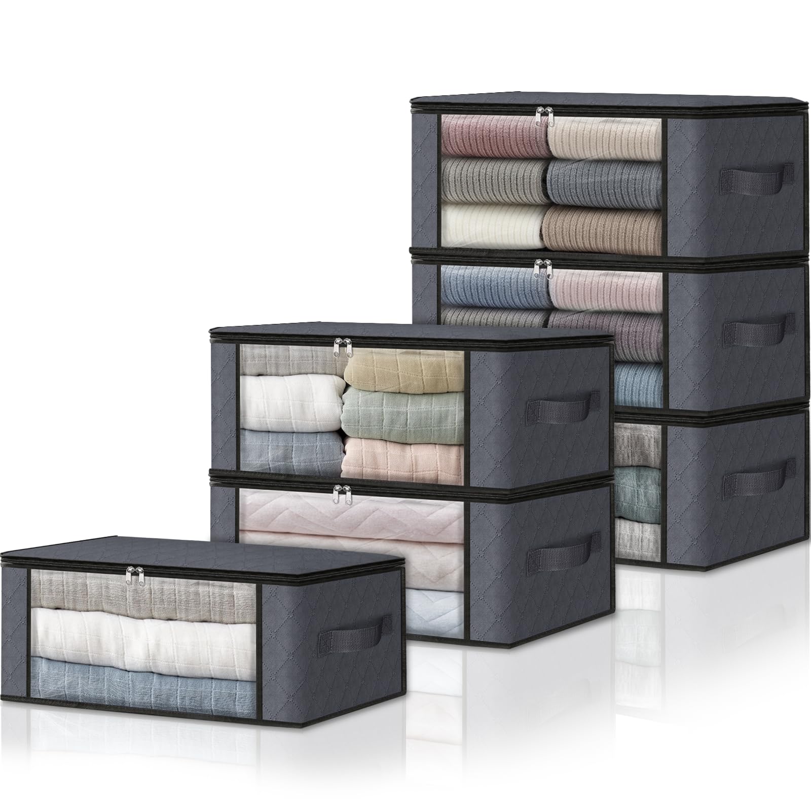 HomeHacks Storage 6-Pack Clothes Organizer Storage Bags Foldable Storage Box with Large Clear Window Sturdy Handles for Closet,