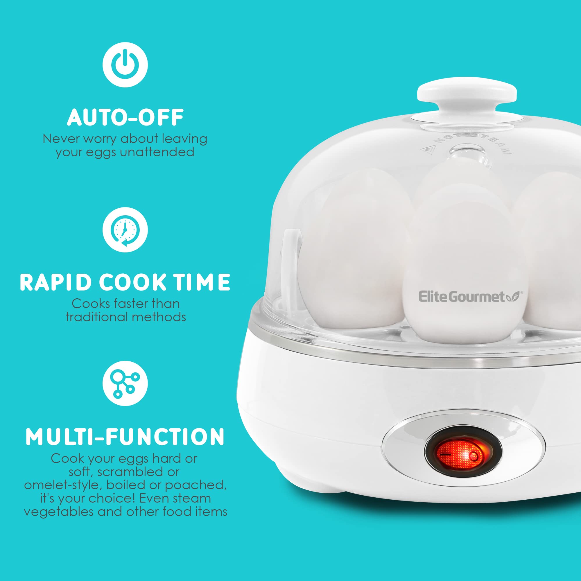 Elite Gourmet Egc007Chw Easy Electric 7 Egg Capacity Cooker, Poacher, Omelet Maker, Scrambled, Soft, Medium, Hard Boiled With Au