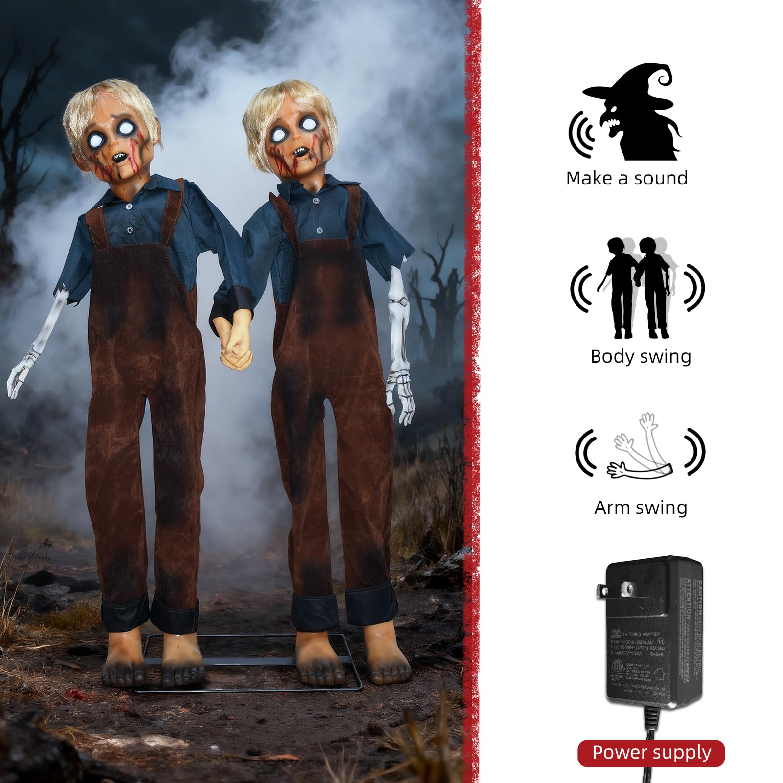HOYECHI Animatronic Halloween Decorations Twin Boys 4.3ft - Scary Halloween Decorations for Yard, Motion & Sound Activated Outdo